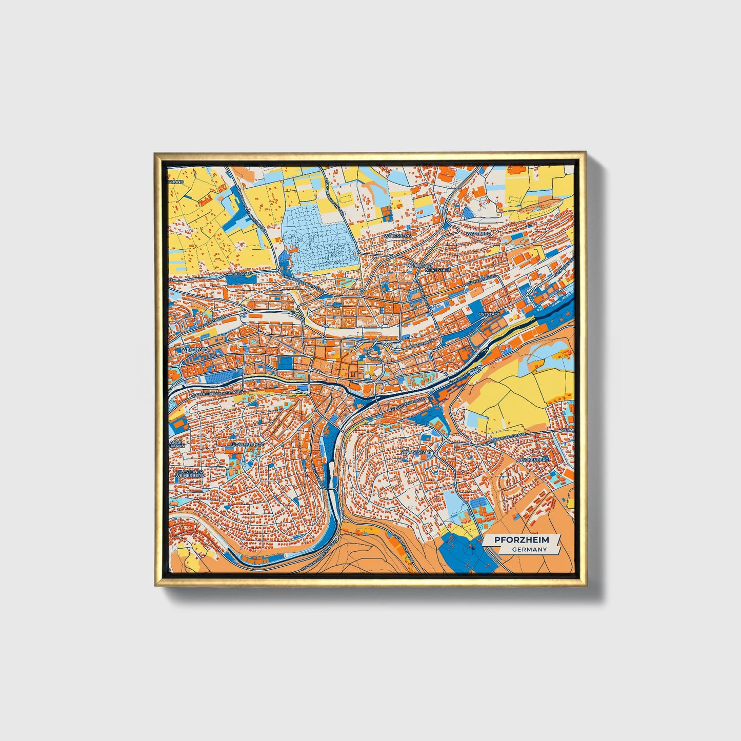 Pforzheim Germany Colorful City Map Canvas Print • Gold Framed