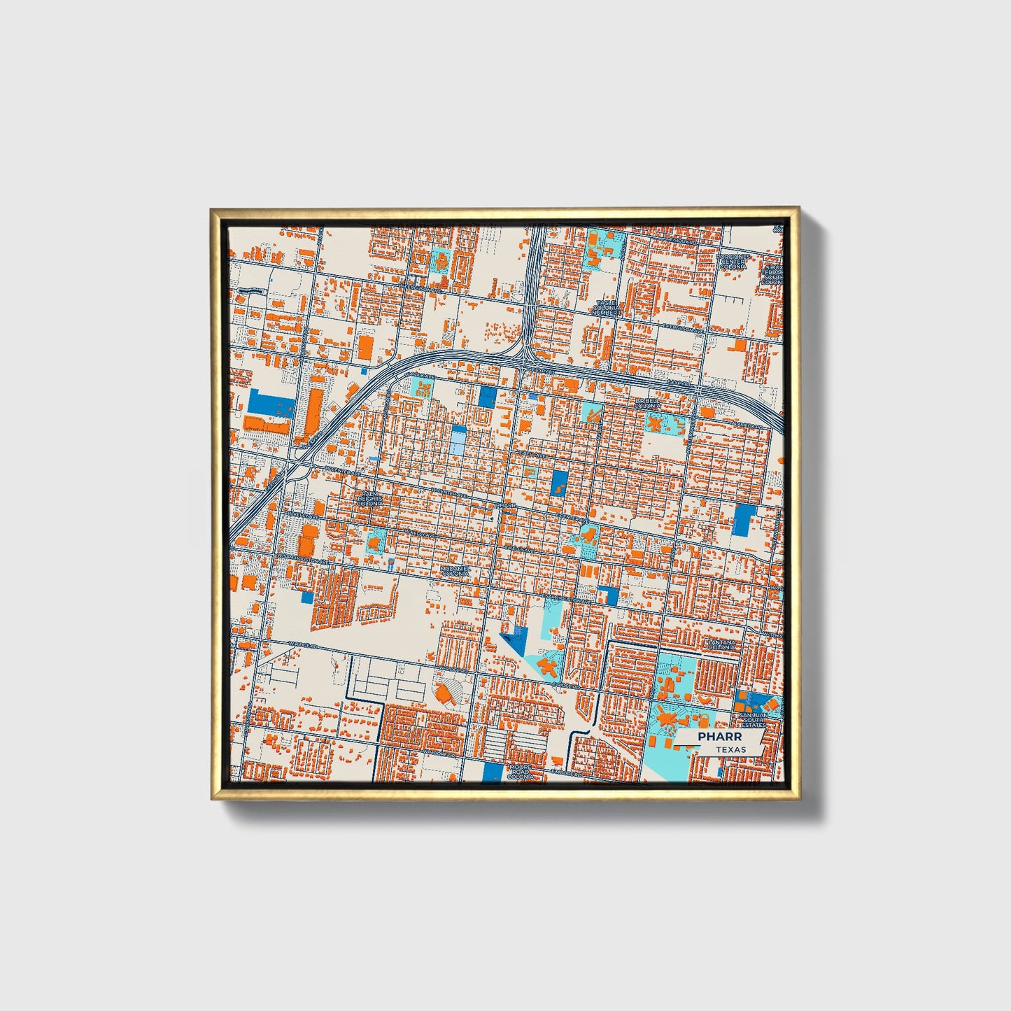 Pharr Texas Colorful City Map Canvas Print • Gold Framed