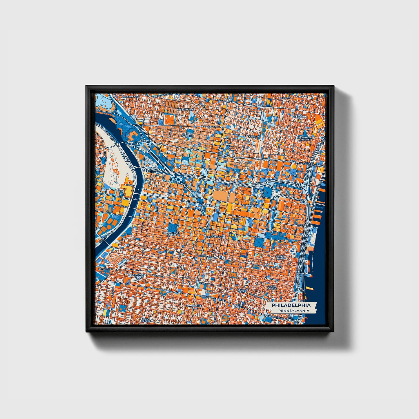 Philadelphia Pennsylvania Colorful City Map Canvas Print • Black Framed