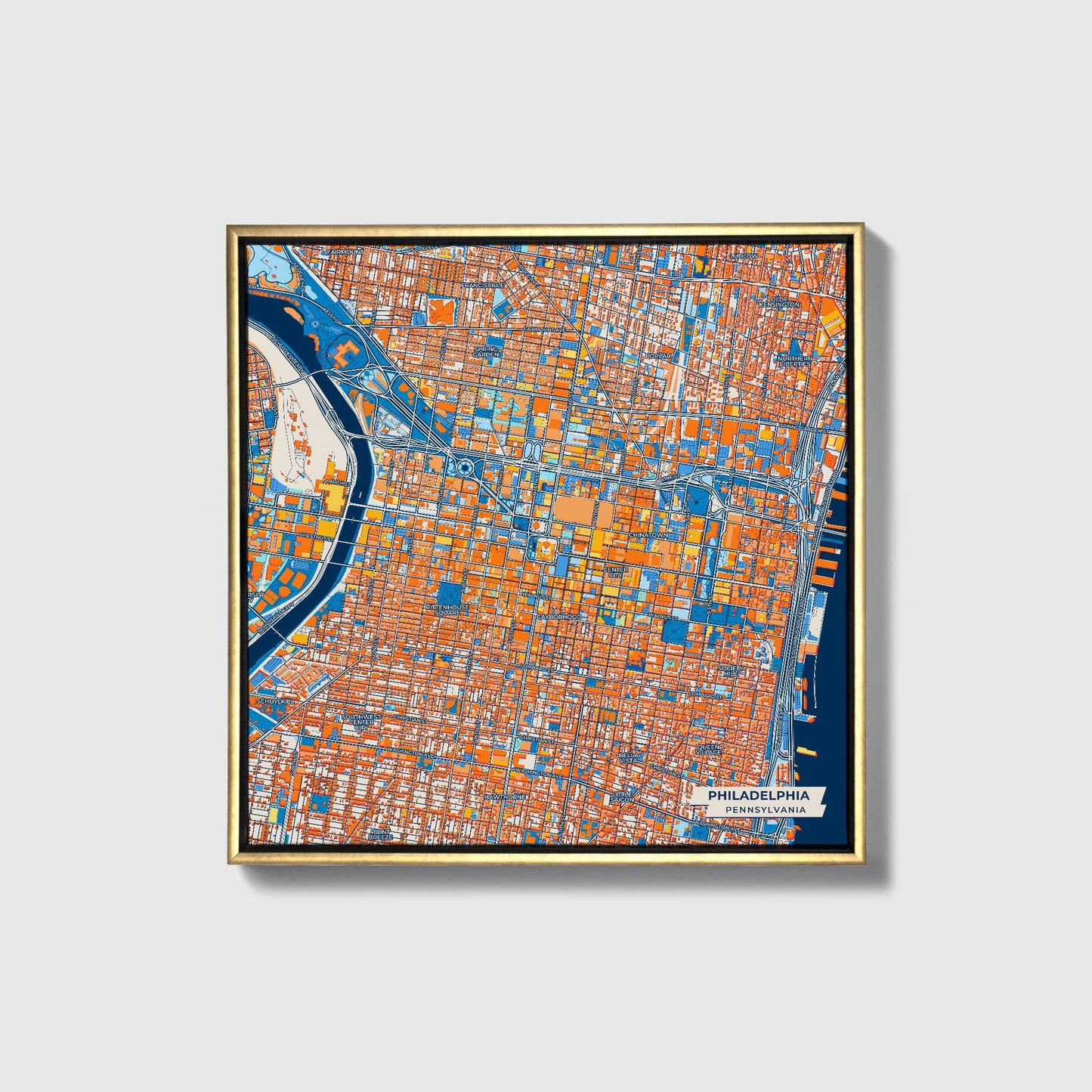 Philadelphia Pennsylvania Colorful City Map Canvas Print • Gold Framed