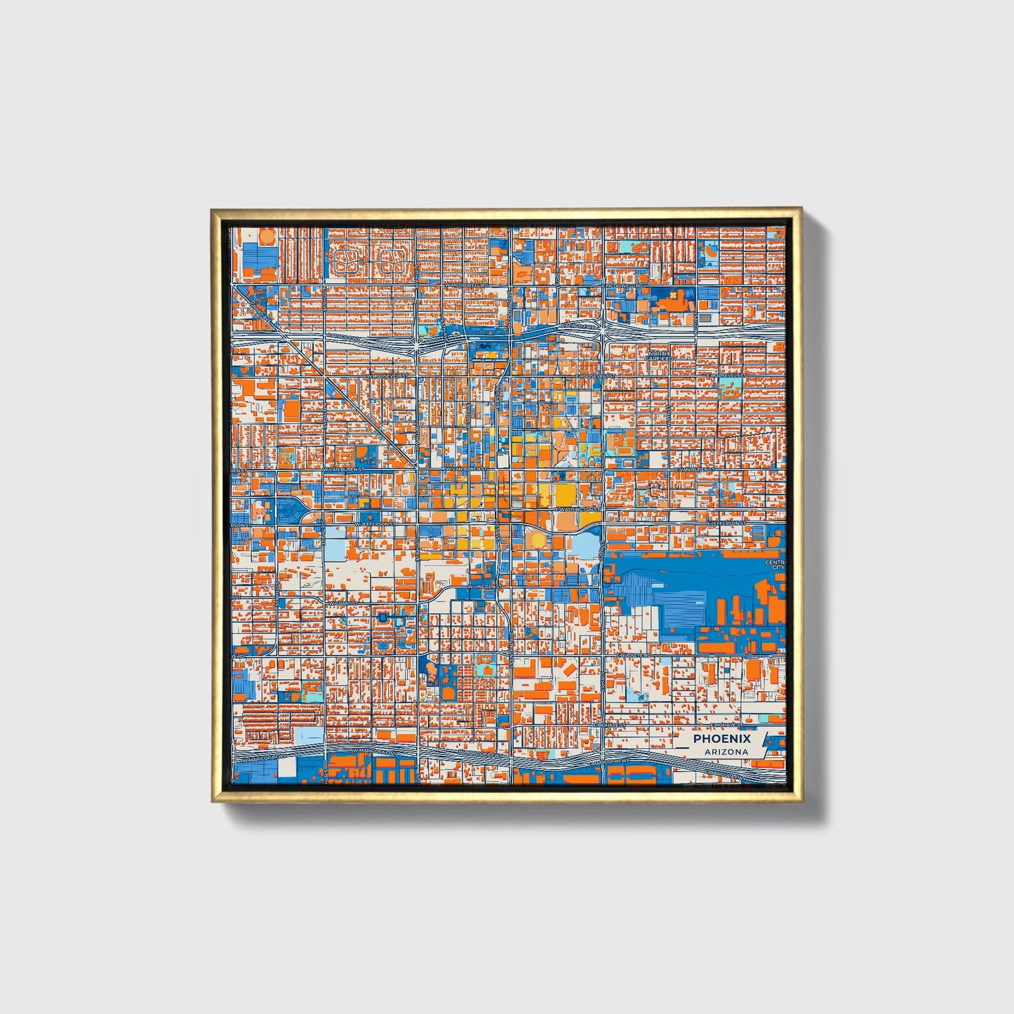 Phoenix Arizona Colorful City Map Canvas Print • Gold Framed