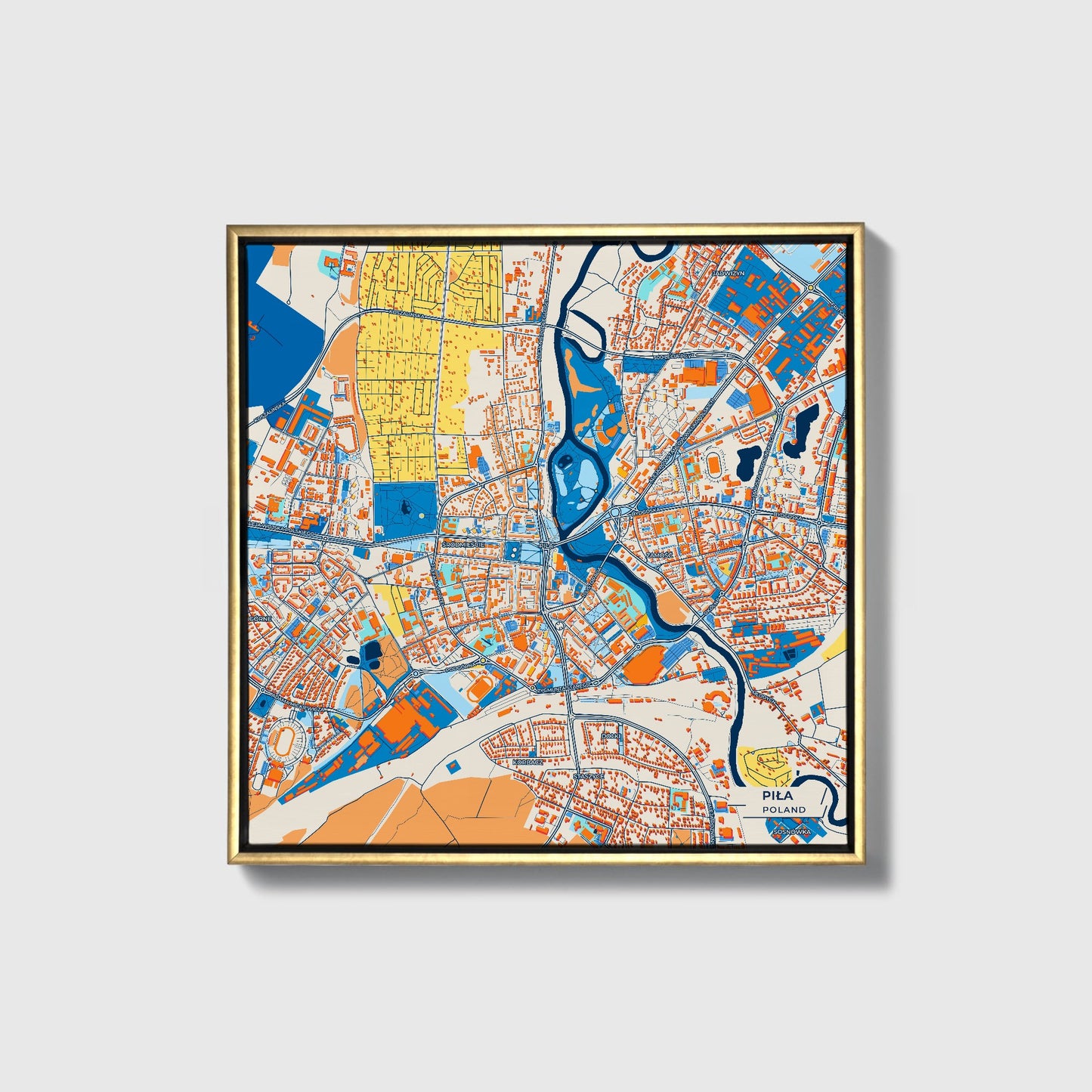 Piła Poland Colorful City Map Canvas Print • Gold Framed