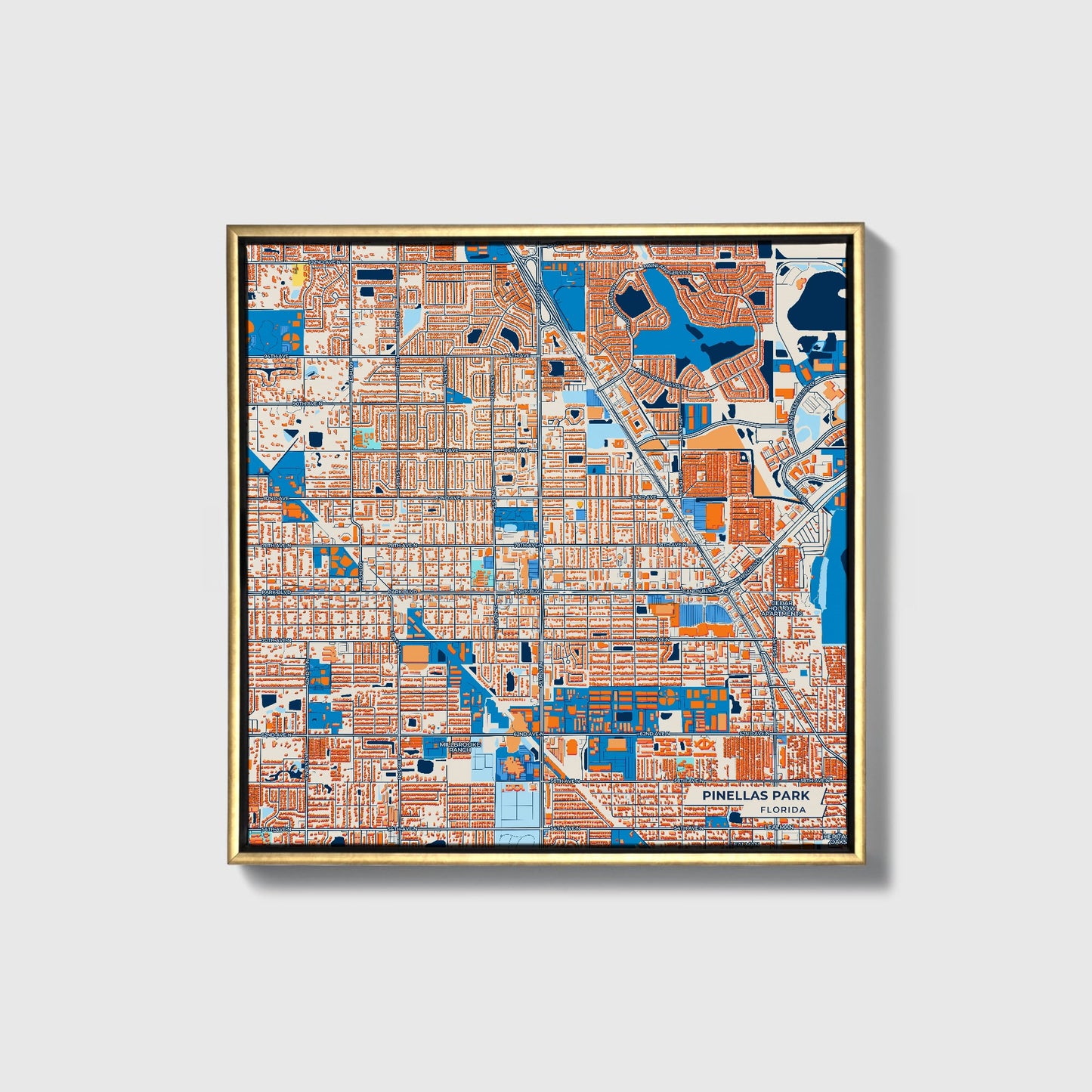 Pinellas Park Florida Colorful City Map Canvas Print • Gold Framed