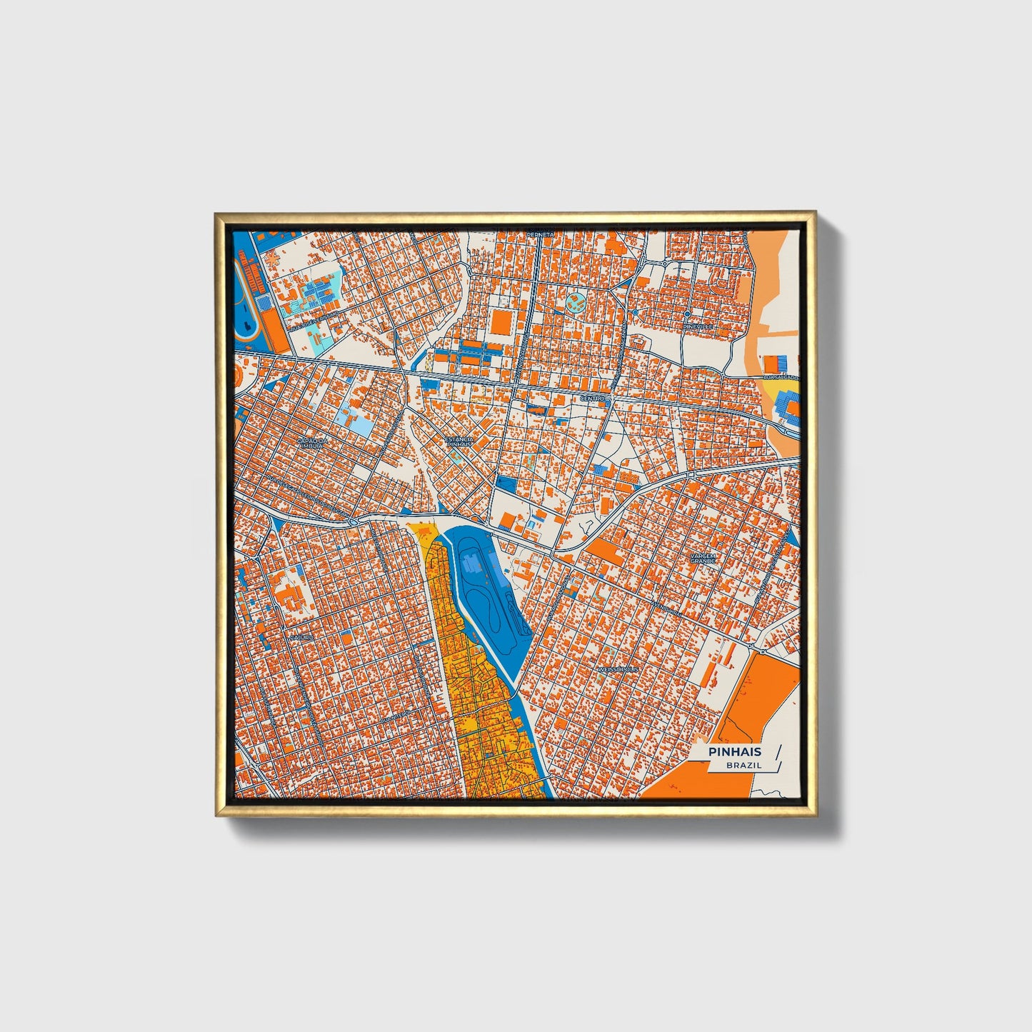 Pinhais Brazil Colorful City Map Canvas Print • Gold Framed