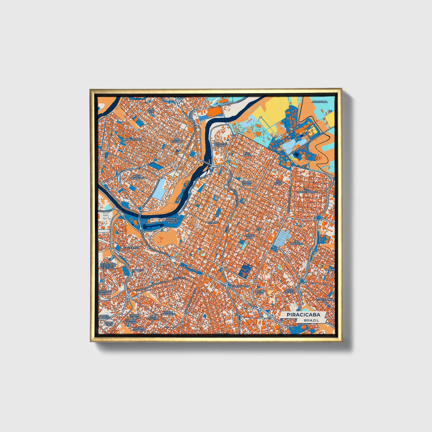 Piracicaba Brazil Colorful City Map Canvas Print • Gold Framed