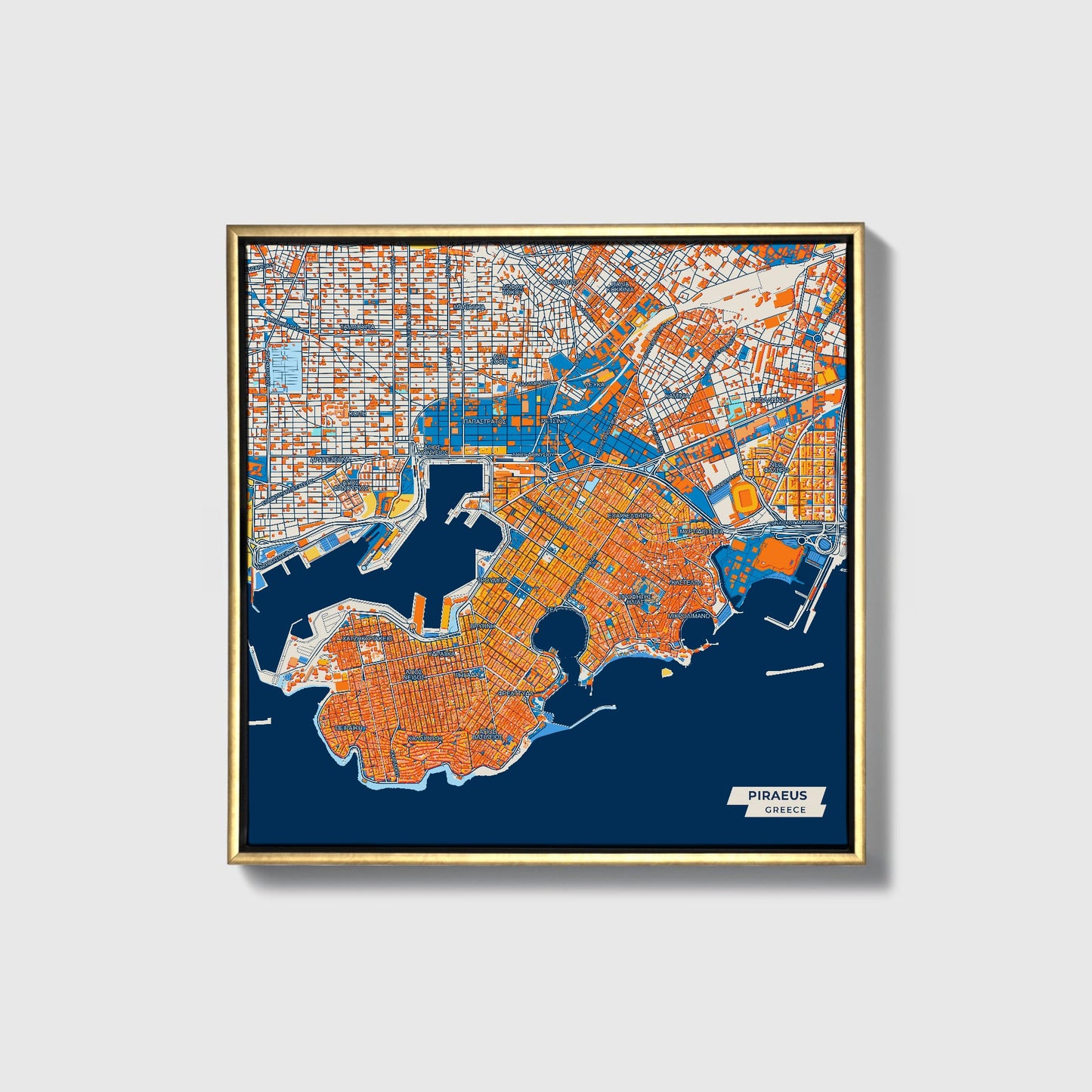 Πειραιως Greece Colorful City Map Canvas Print • Gold Framed