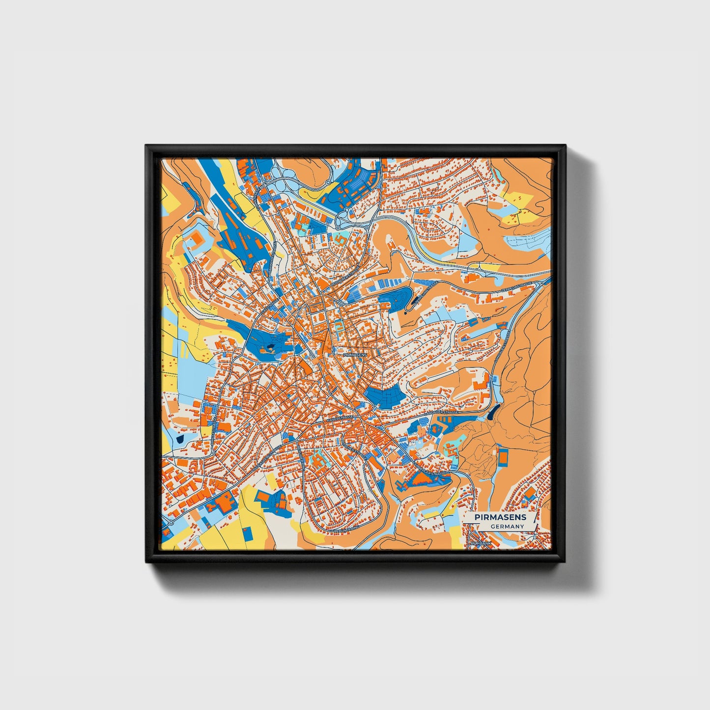 Pirmasens Germany Colorful City Map Canvas Print • Black Framed