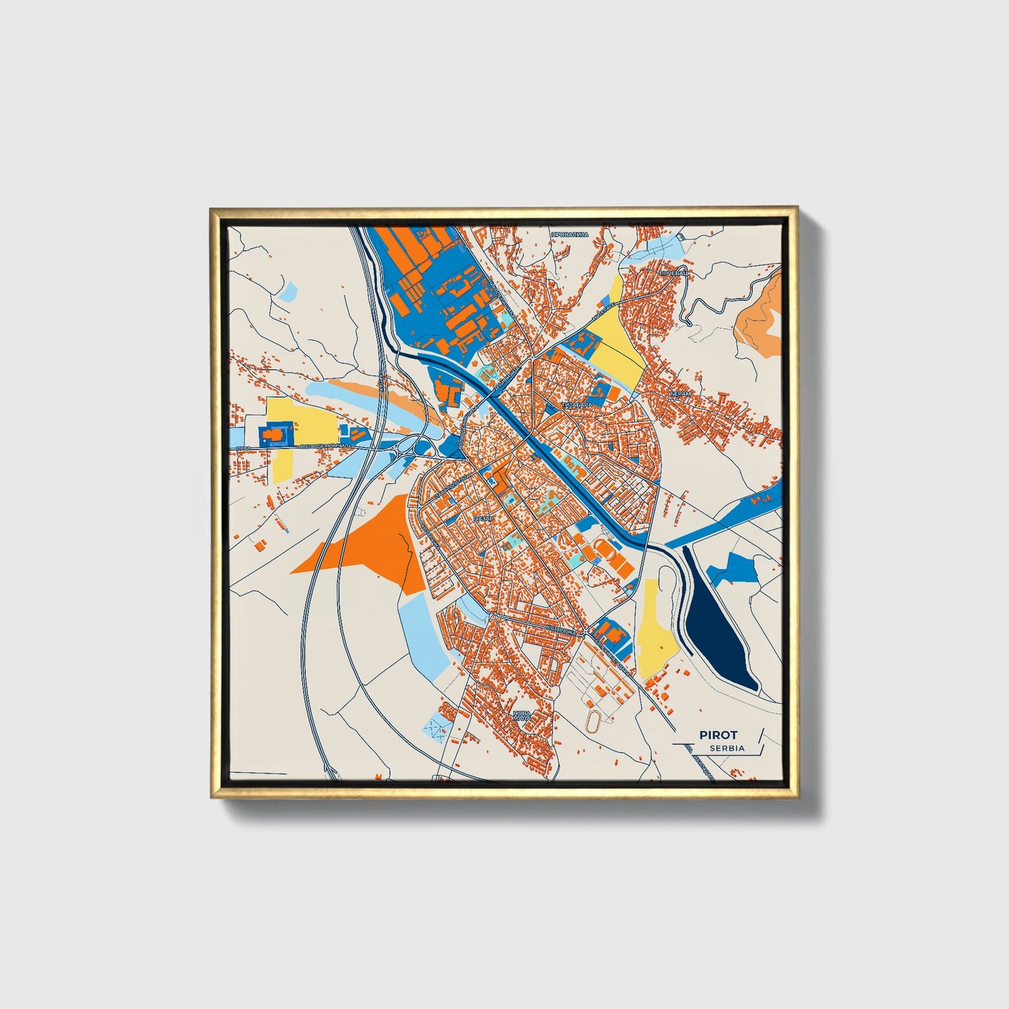 Пирот Serbia Colorful City Map Canvas Print • Gold Framed