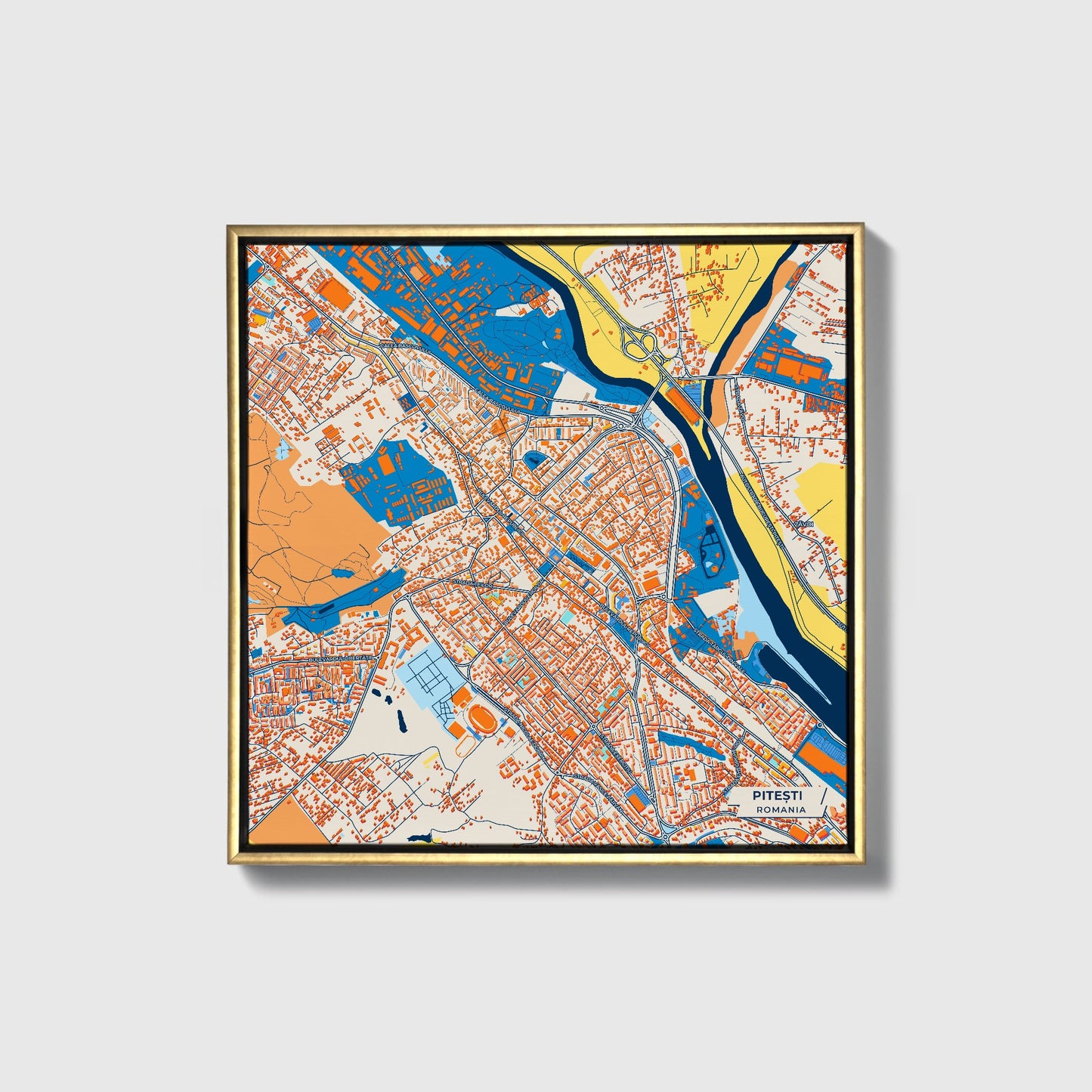 Pitești Romania Colorful City Map Canvas Print • Gold Framed