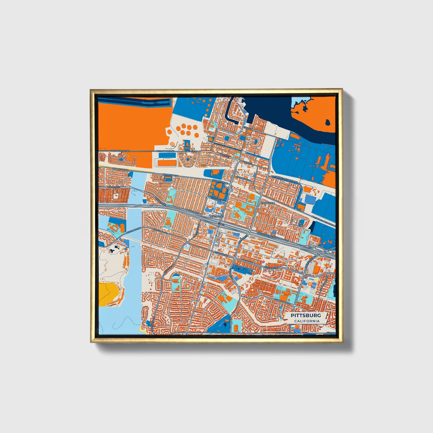 Pittsburg California Colorful City Map Canvas Print • Gold Framed