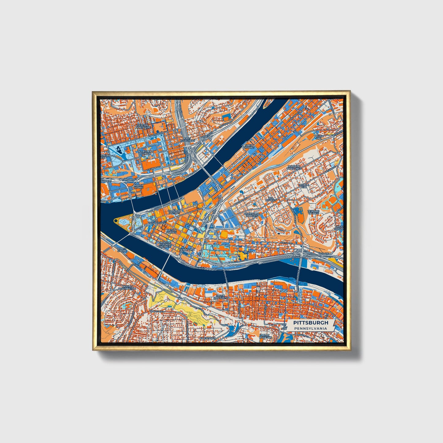Pittsburgh Pennsylvania Colorful City Map Canvas Print • Gold Framed