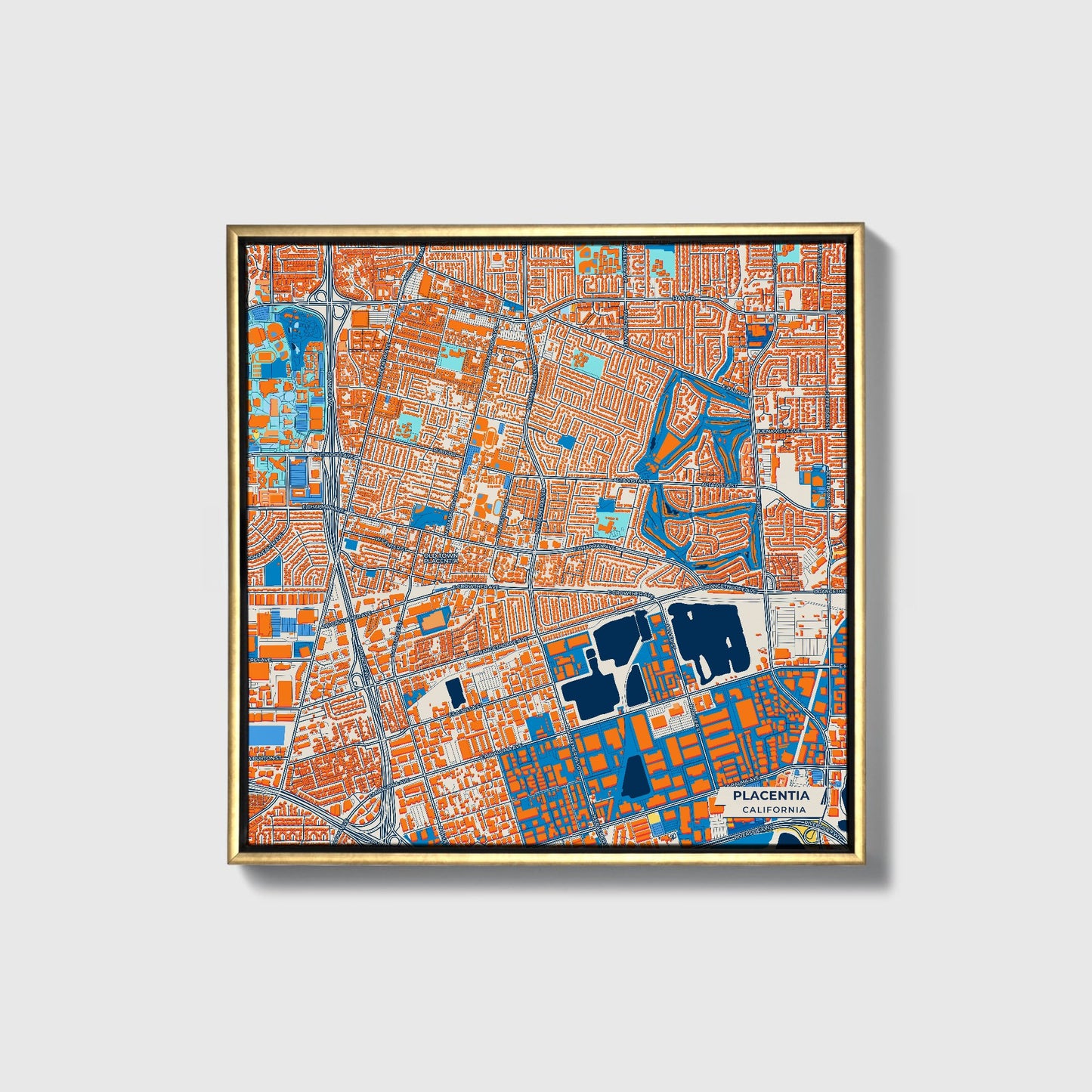 Placentia California Colorful City Map Canvas Print • Gold Framed