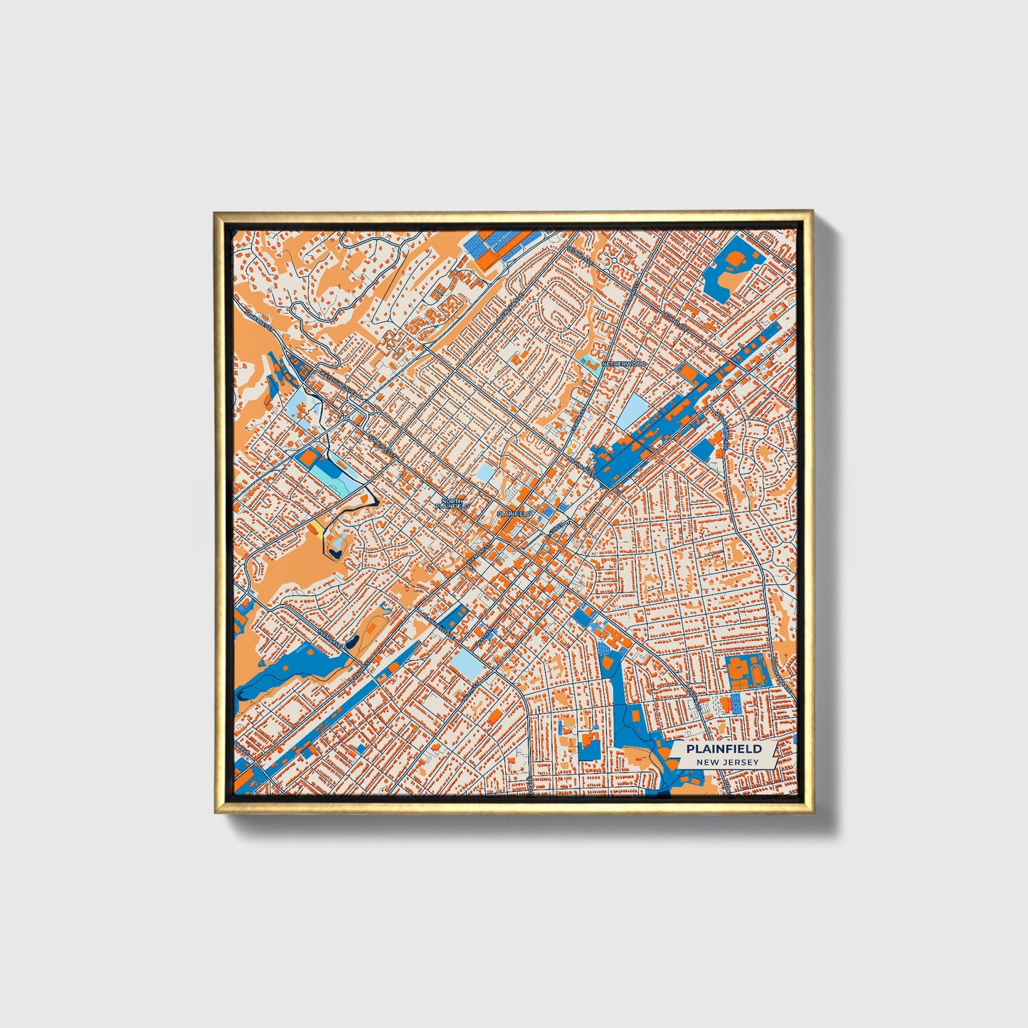 Plainfield New Jersey Colorful City Map Canvas Print • Gold Framed
