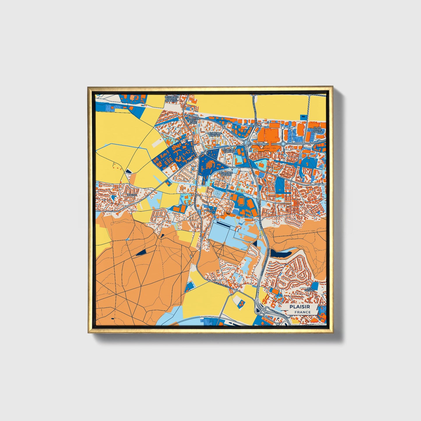Plaisir France Colorful City Map Canvas Print • Gold Framed