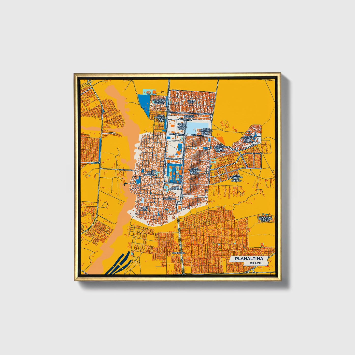 Planaltina Brazil Colorful City Map Canvas Print • Gold Framed