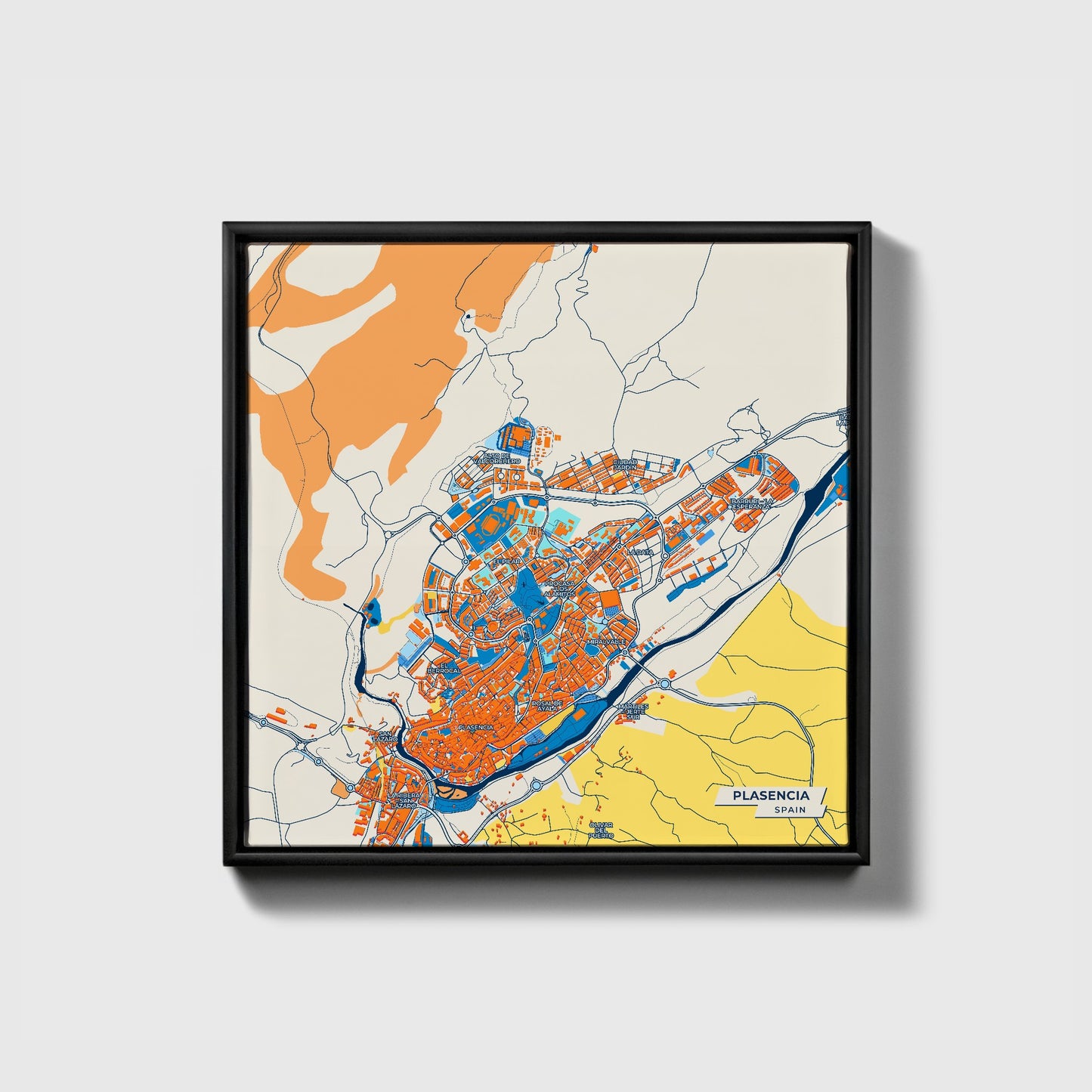 Plasencia Spain Colorful City Map Canvas Print • Black Framed