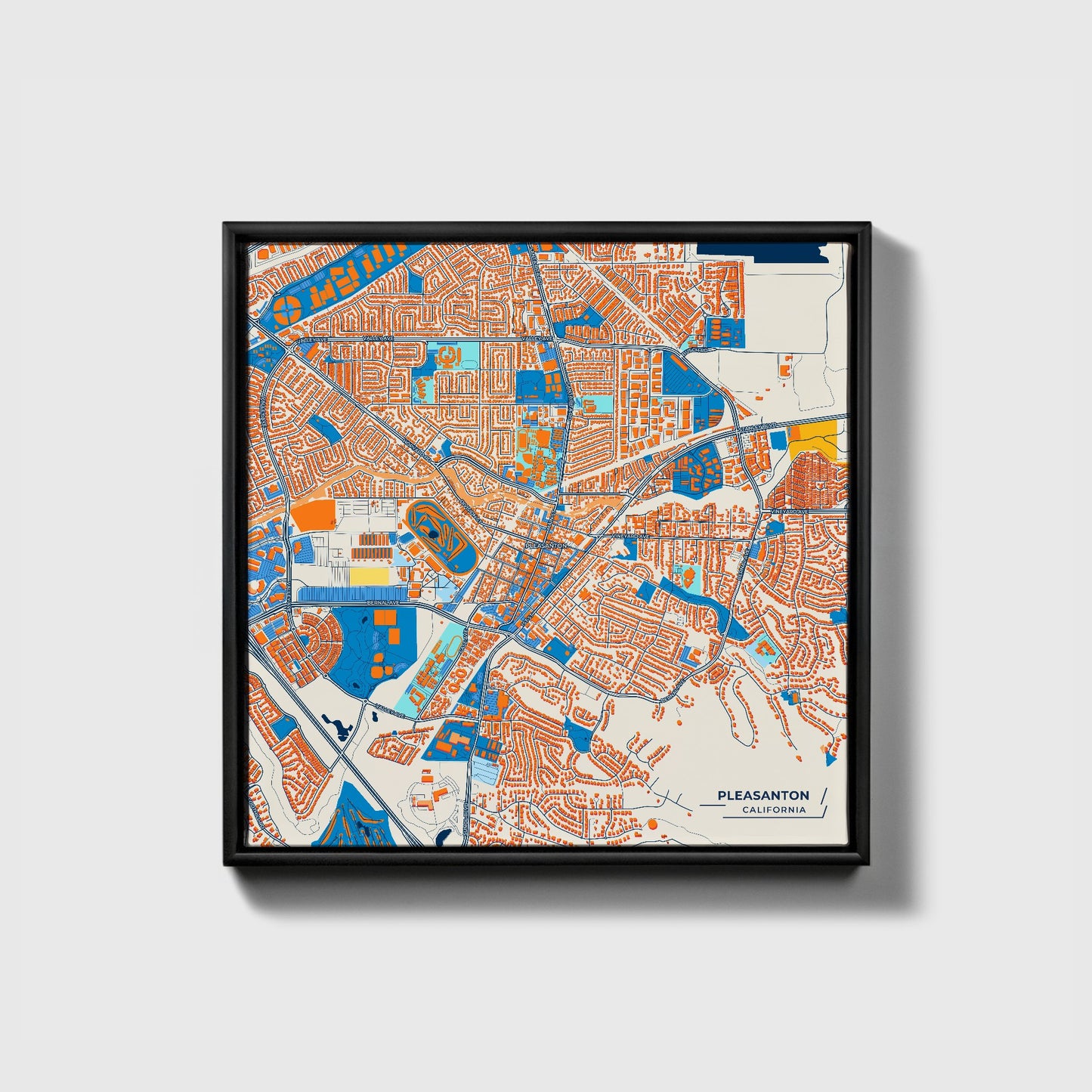 Pleasanton California Colorful City Map Canvas Print • Black Framed