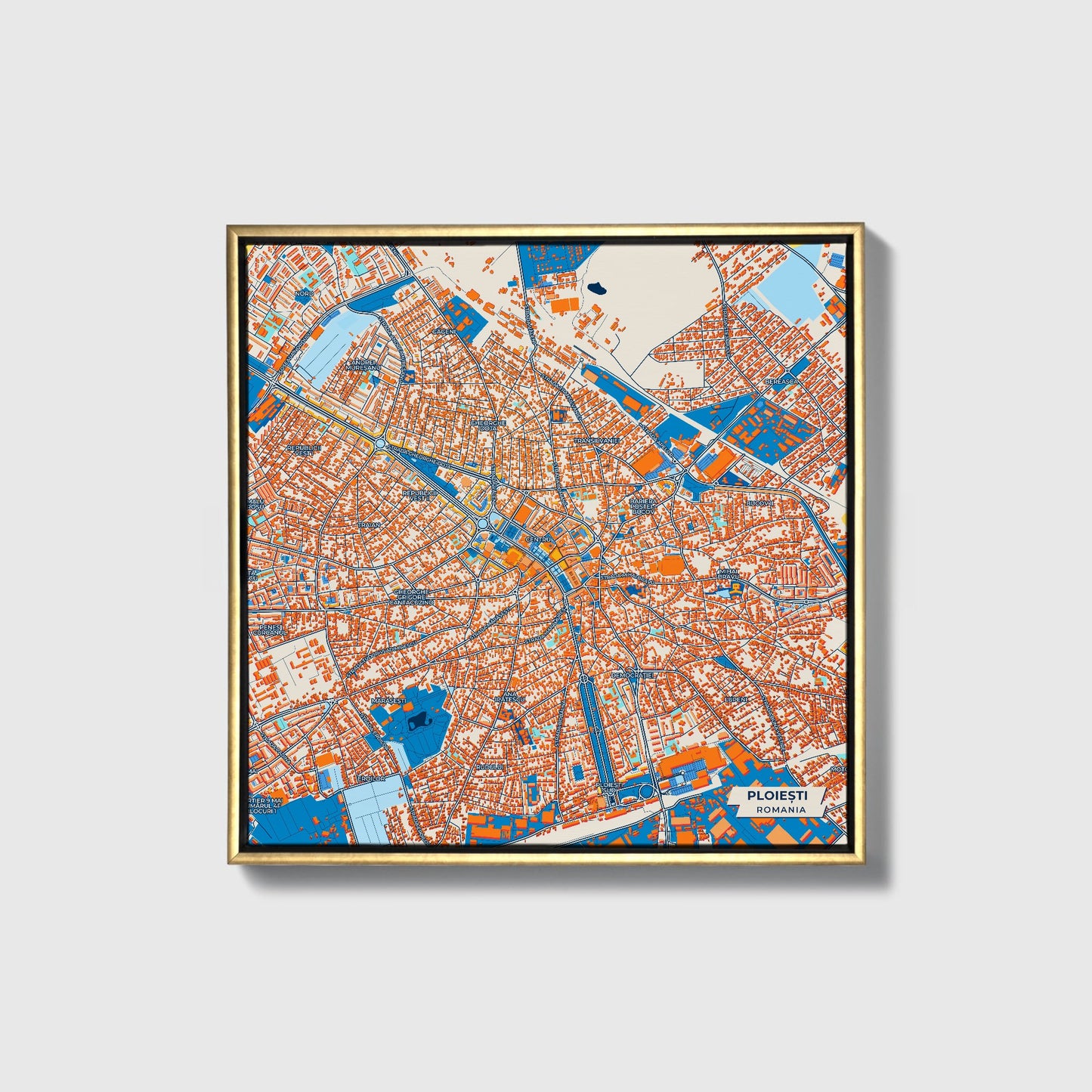 Ploiești Romania Colorful City Map Canvas Print • Gold Framed
