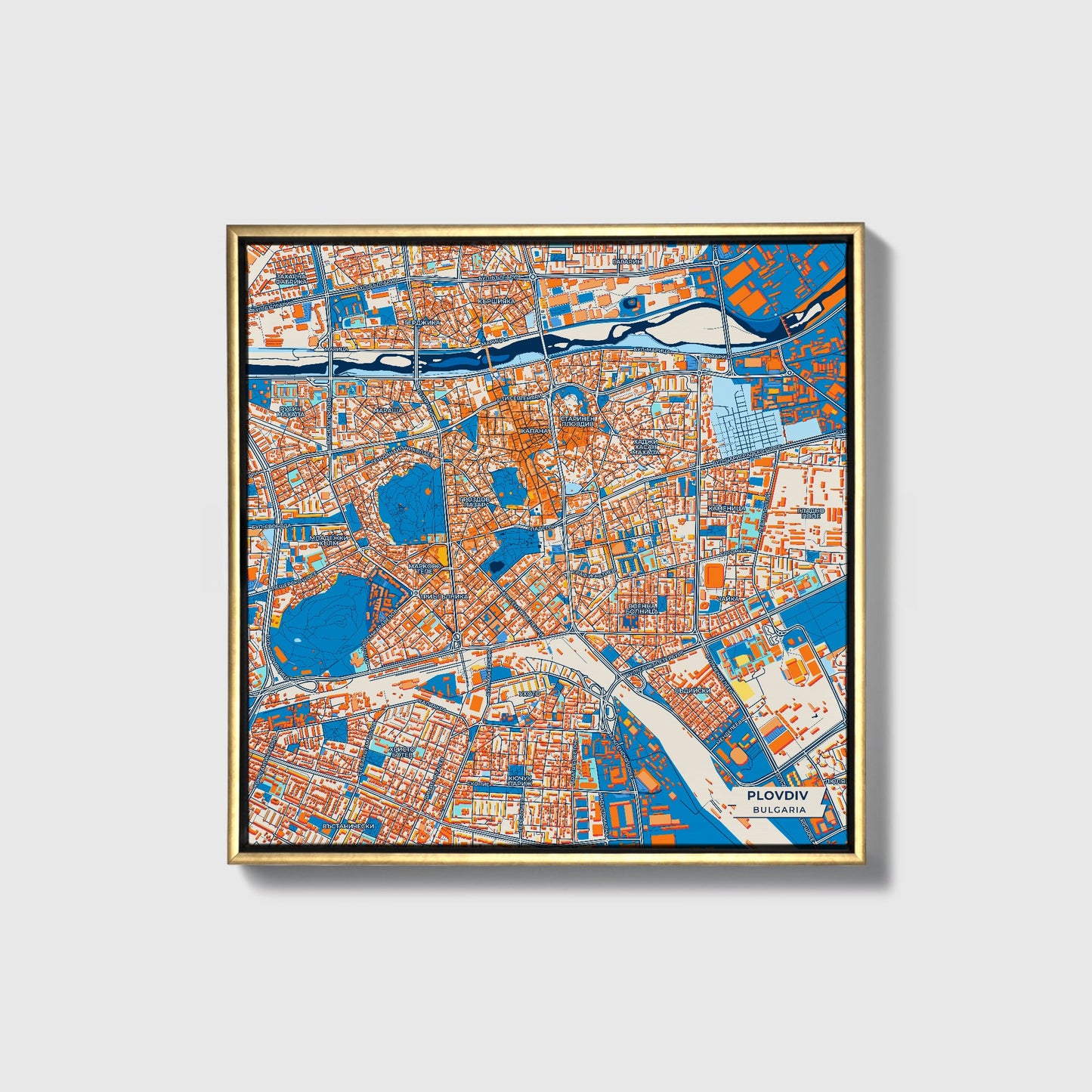 Пловдив Bulgaria Colorful City Map Canvas Print • Gold Framed