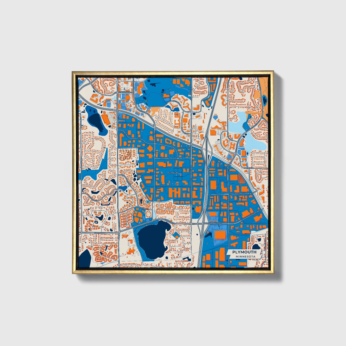 Plymouth Minnesota Colorful City Map Canvas Print • Gold Framed