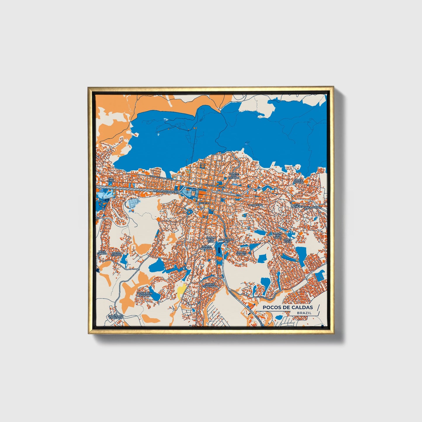 Pocos De Caldas Brazil Colorful City Map Canvas Print • Gold Framed