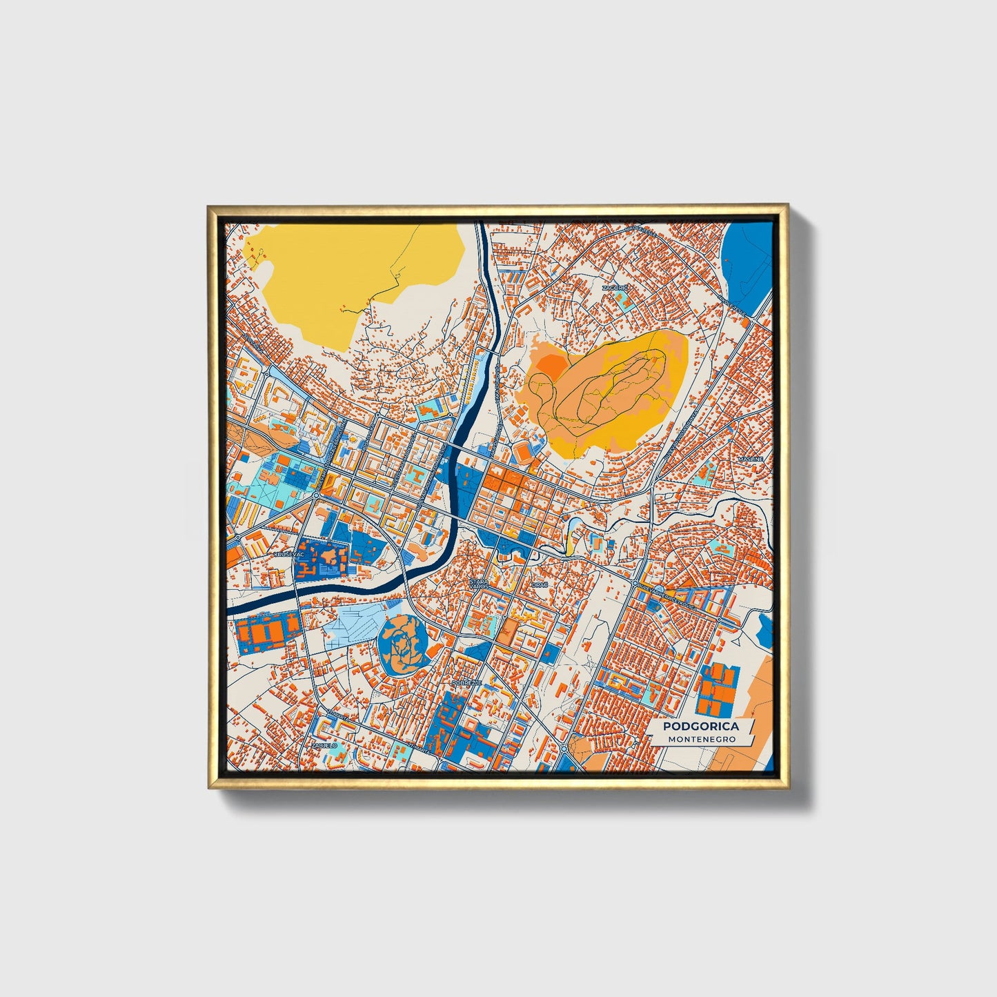 Podgorica Montenegro Colorful City Map Canvas Print • Gold Framed