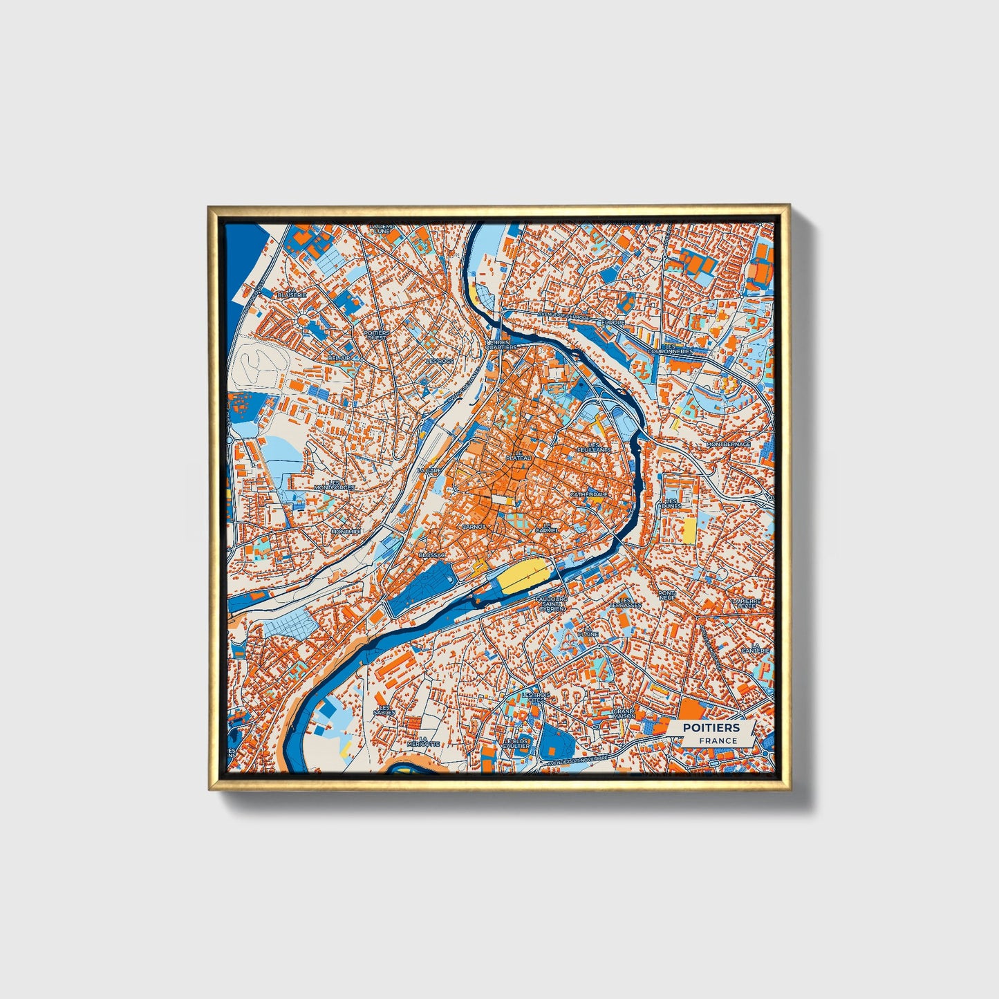 Poitiers France Colorful City Map Canvas Print • Gold Framed