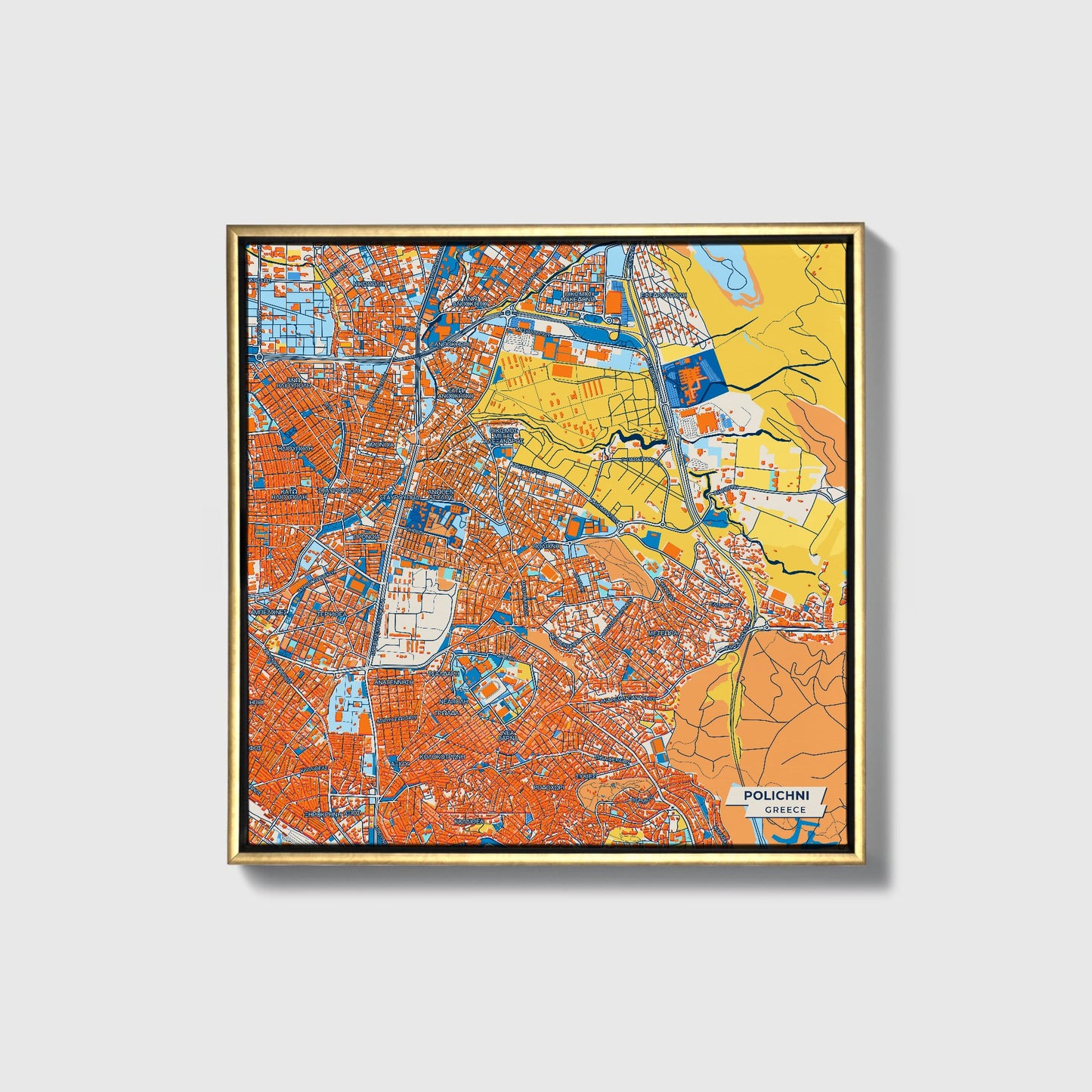 Polichni Greece Colorful City Map Canvas Print • Gold Framed