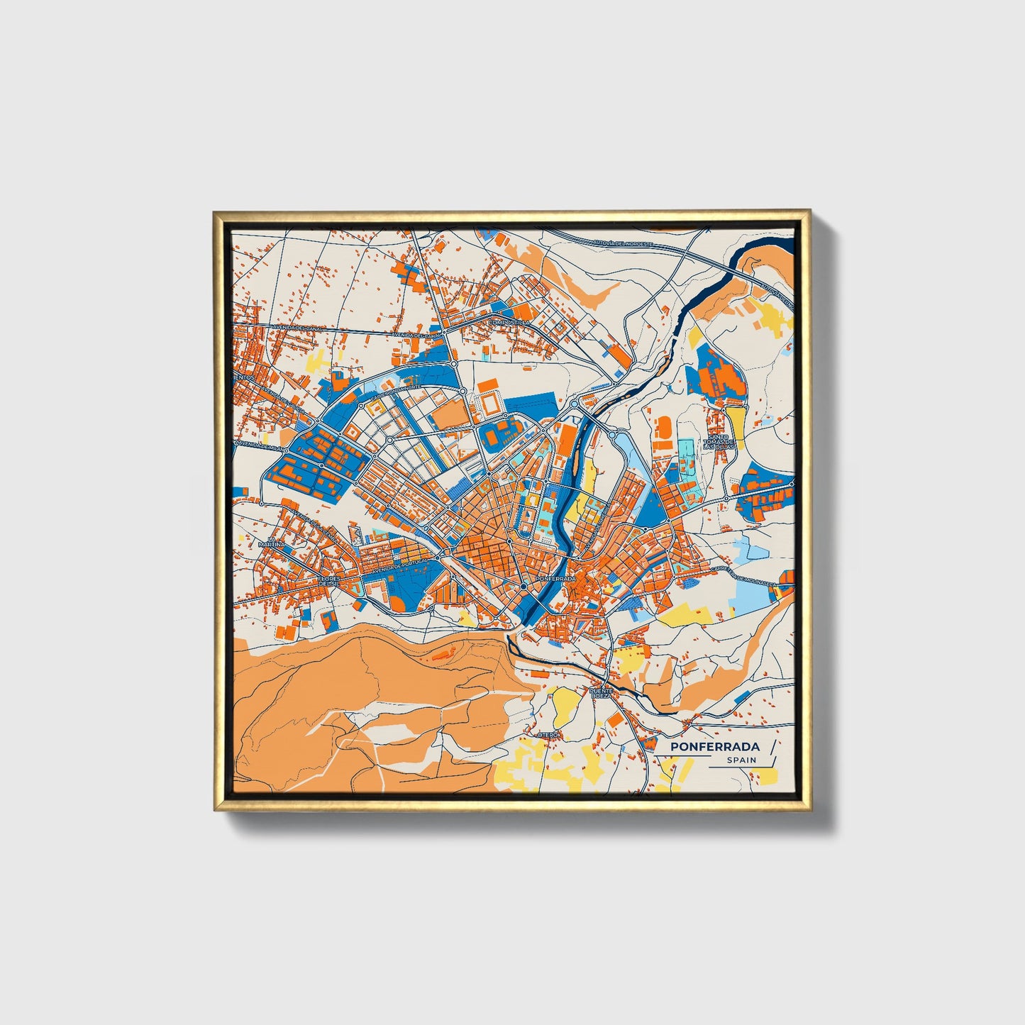 Ponferrada Spain Colorful City Map Canvas Print • Gold Framed