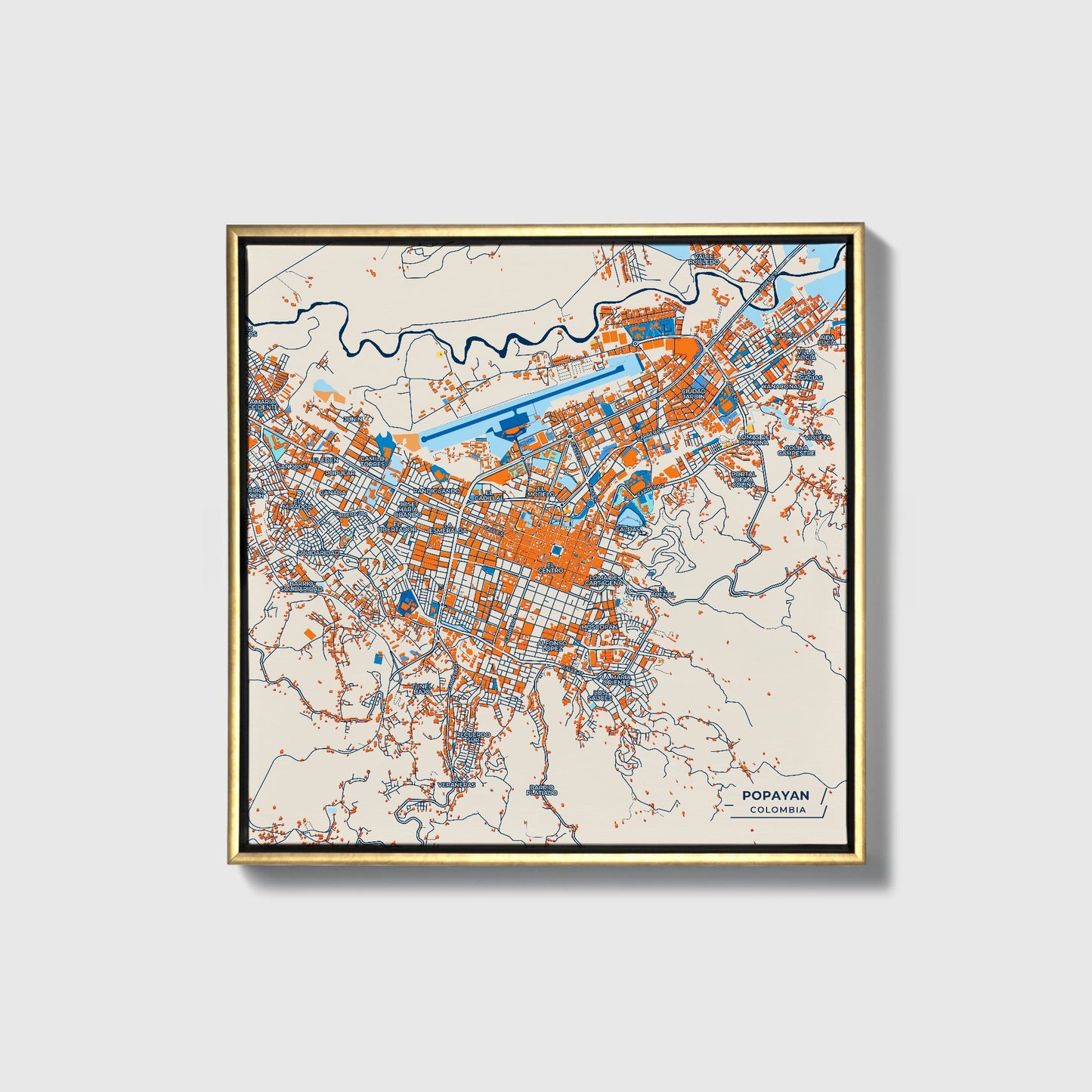 Popayan Colombia Colorful City Map Canvas Print • Gold Framed