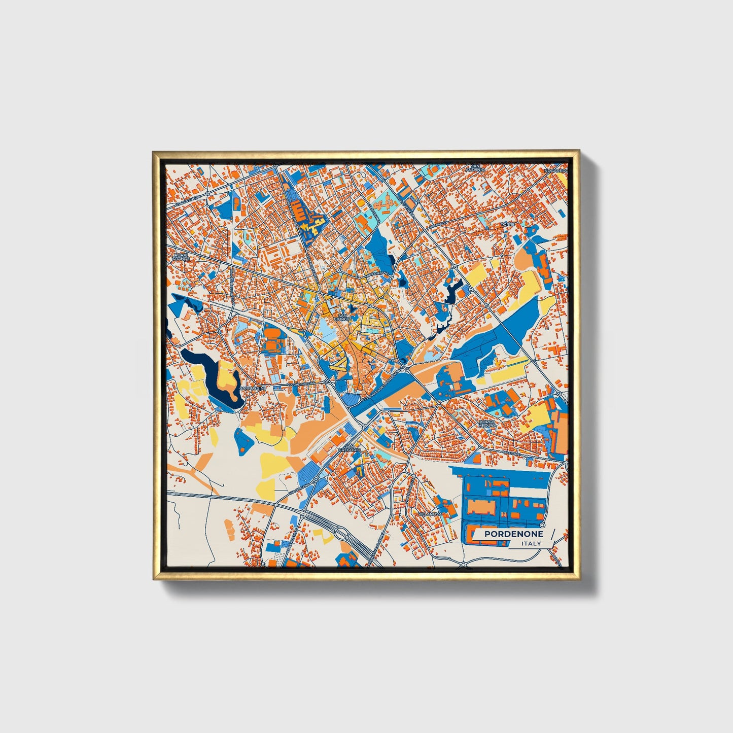 Pordenone Italy Colorful City Map Canvas Print • Gold Framed