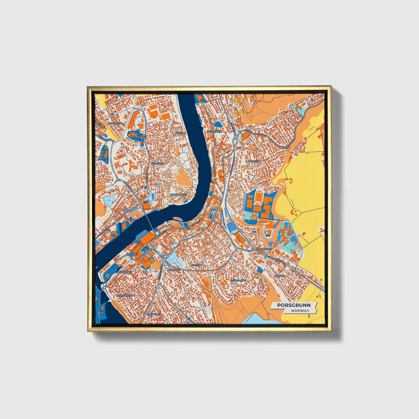 Porsgrunn Norway Colorful City Map Canvas Print • Gold Framed