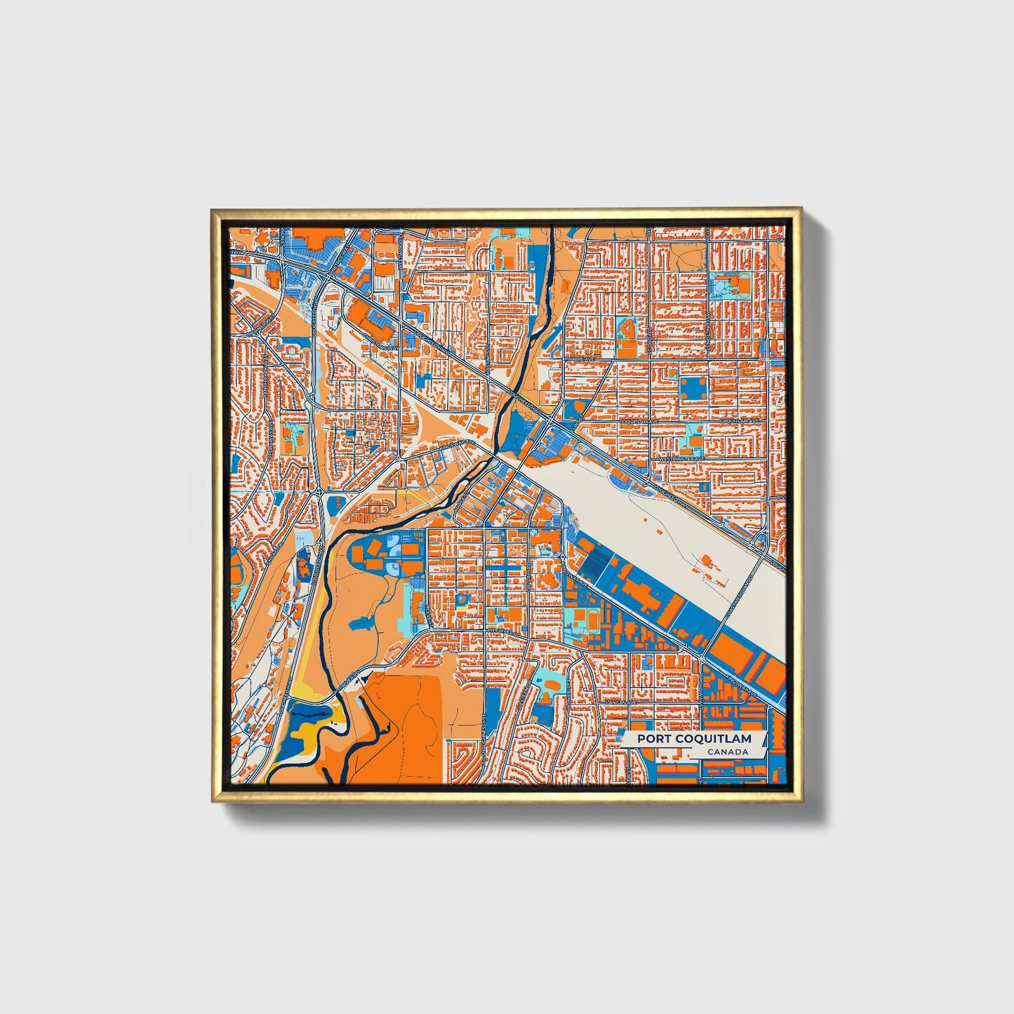 Port Coquitlam Canada Colorful City Map Canvas Print • Gold Framed