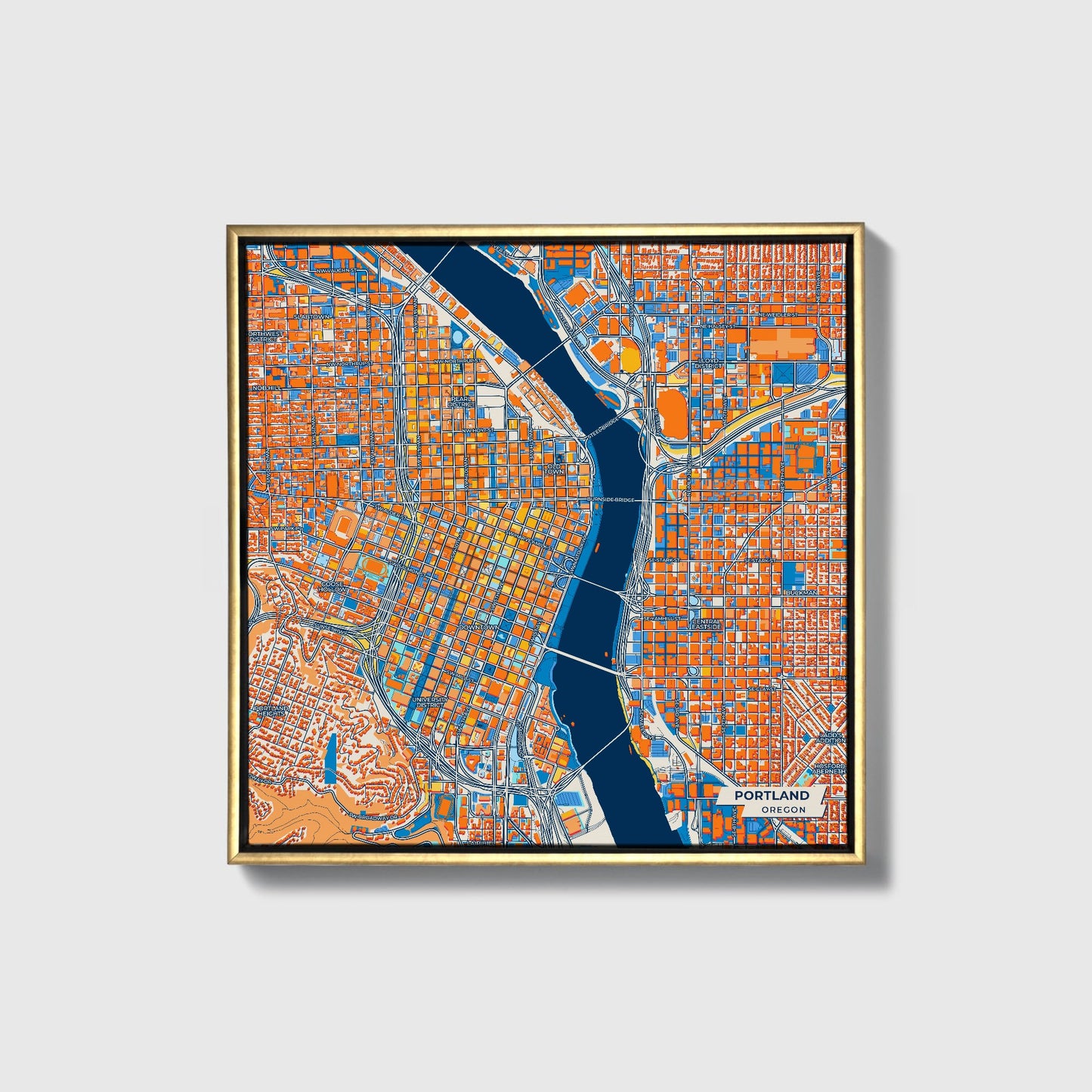 Portland Oregon Colorful City Map Canvas Print • Gold Framed