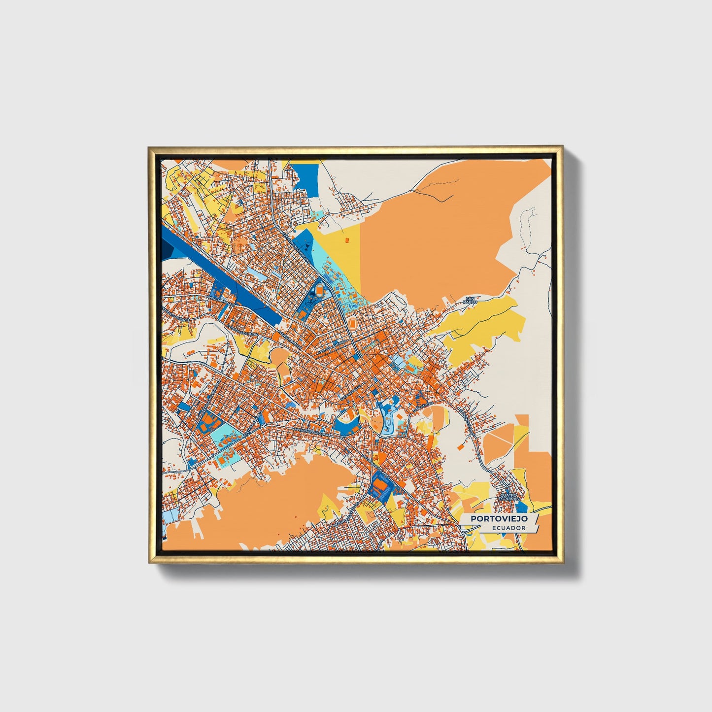 Portoviejo Ecuador Colorful City Map Canvas Print • Gold Framed