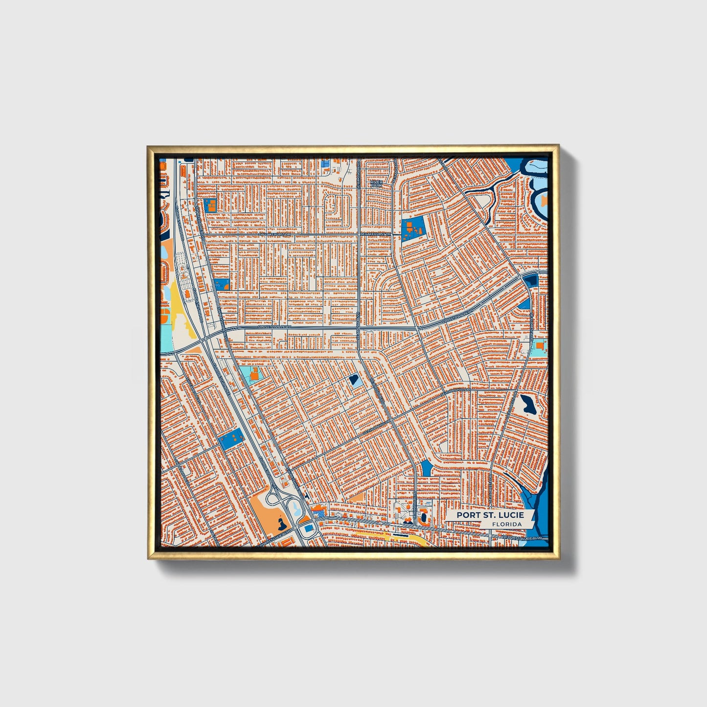 Port St. Lucie Florida Colorful City Map Canvas Print • Gold Framed