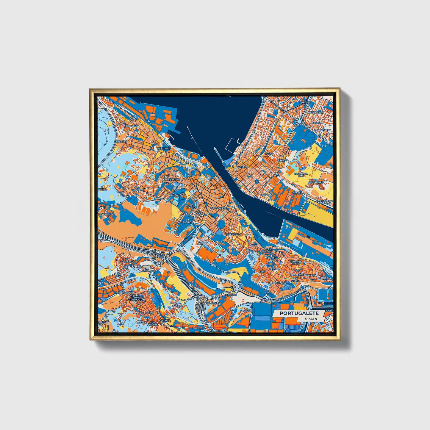 Portugalete Spain Colorful City Map Canvas Print • Gold Framed