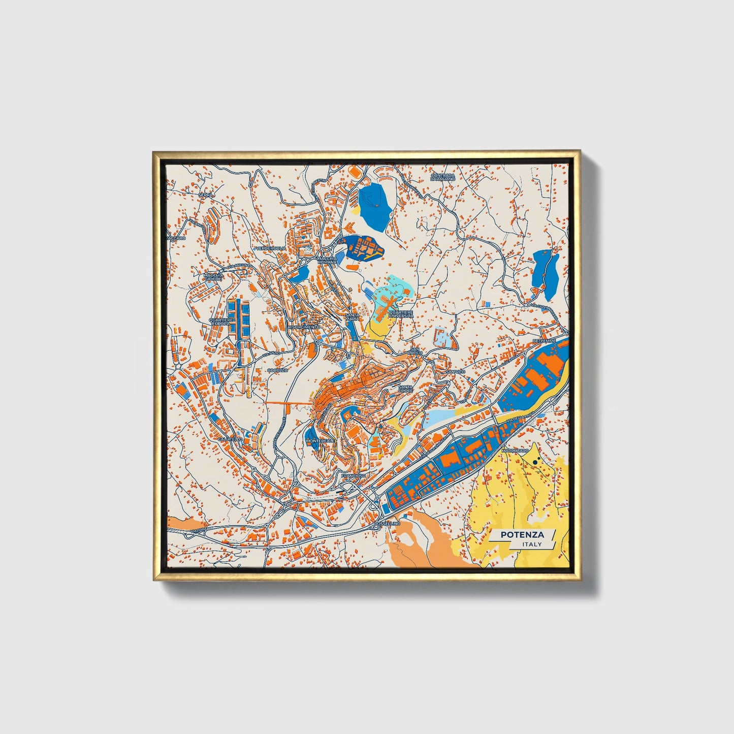 Potenza Italy Colorful City Map Canvas Print • Gold Framed