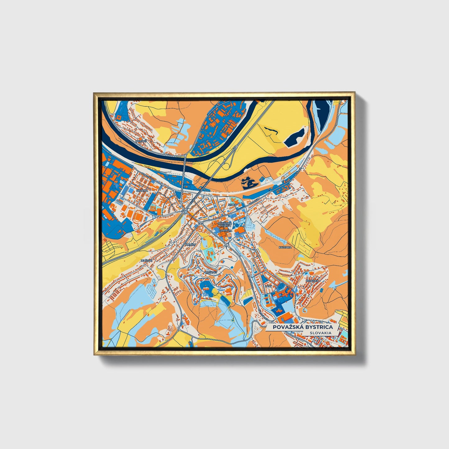 Považská Bystrica Slovakia Colorful City Map Canvas Print • Gold Framed
