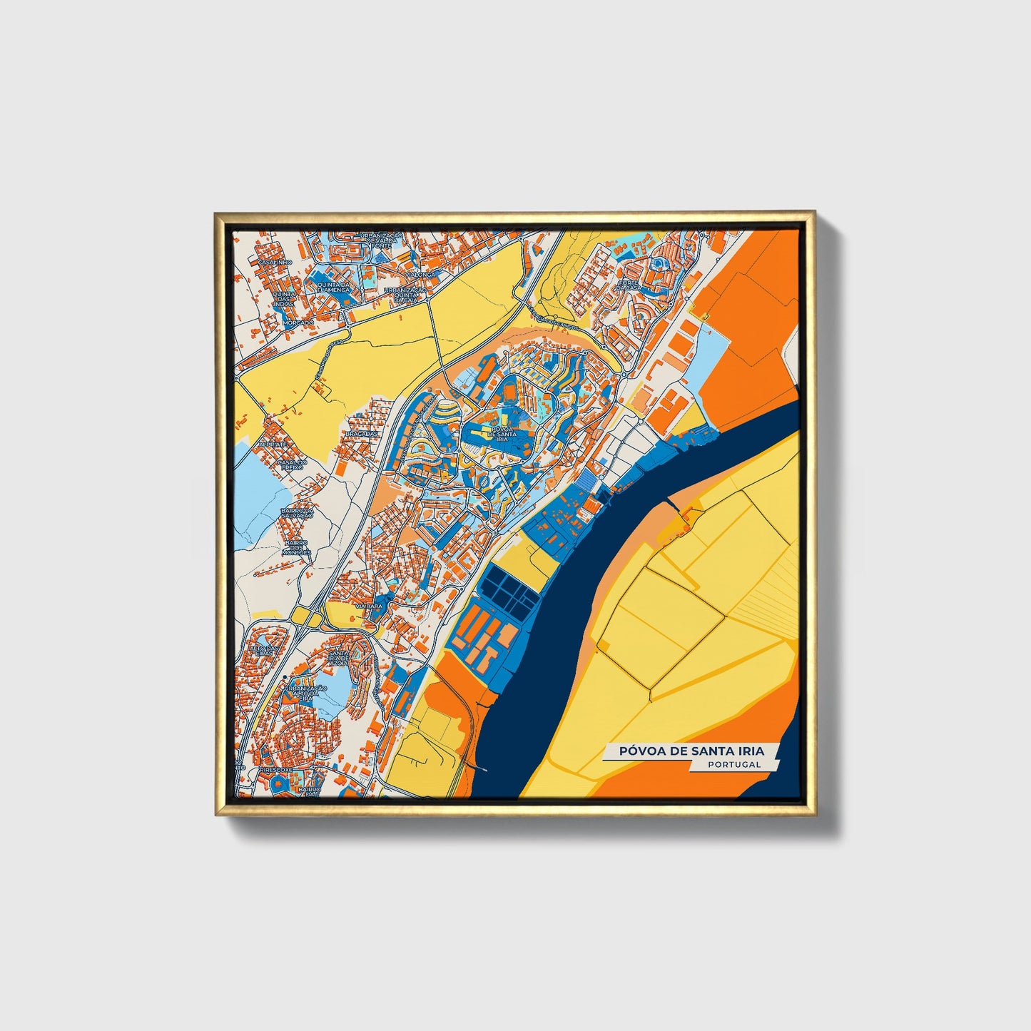 Póvoa De Santa Iria Portugal Colorful City Map Canvas Print • Gold Framed