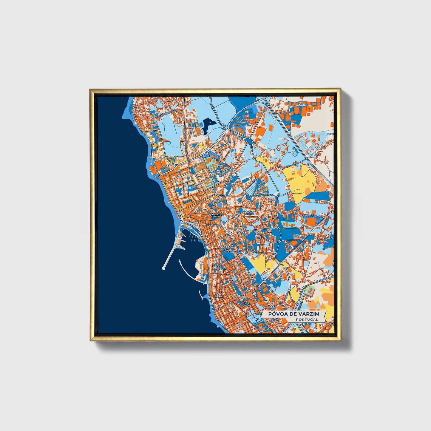Póvoa De Varzim Portugal Colorful City Map Canvas Print • Gold Framed