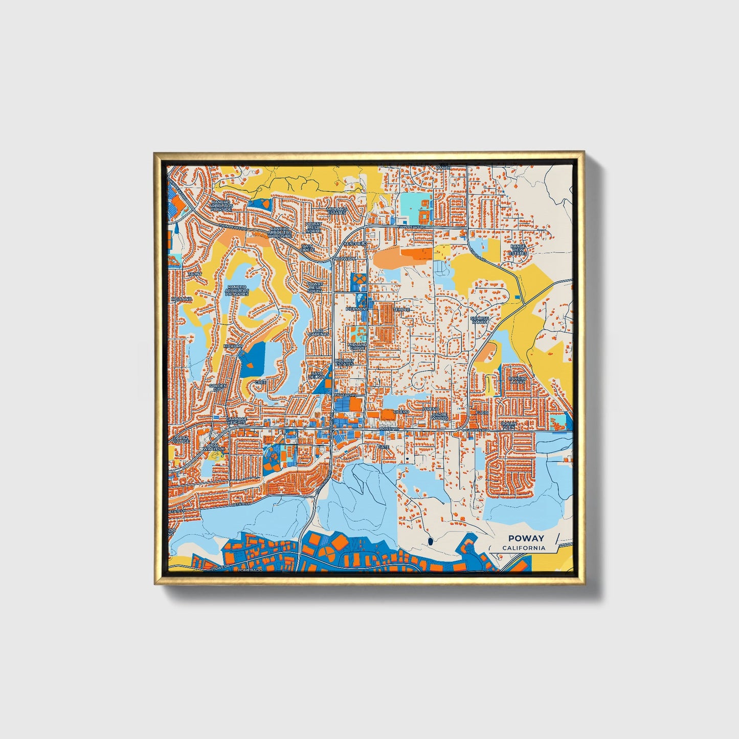 Poway California Colorful City Map Canvas Print • Gold Framed