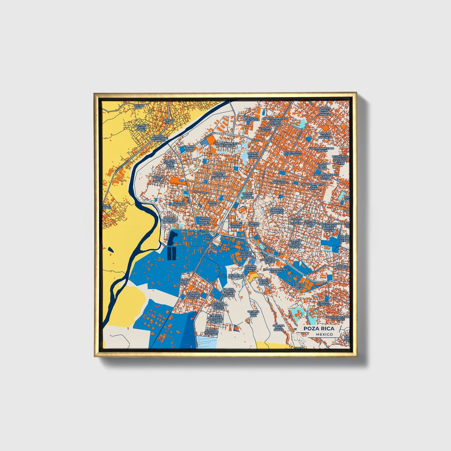 Poza Rica Mexico Colorful City Map Canvas Print • Gold Framed