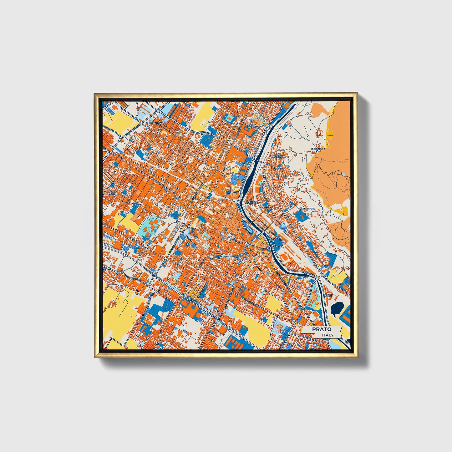 Prato Italy Colorful City Map Canvas Print • Gold Framed