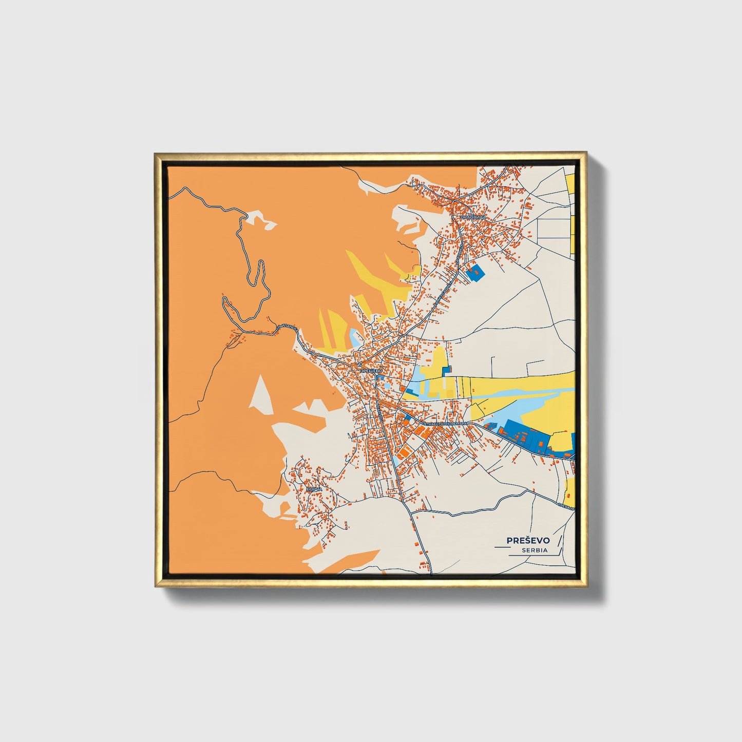 Прешево Serbia Colorful City Map Canvas Print • Gold Framed
