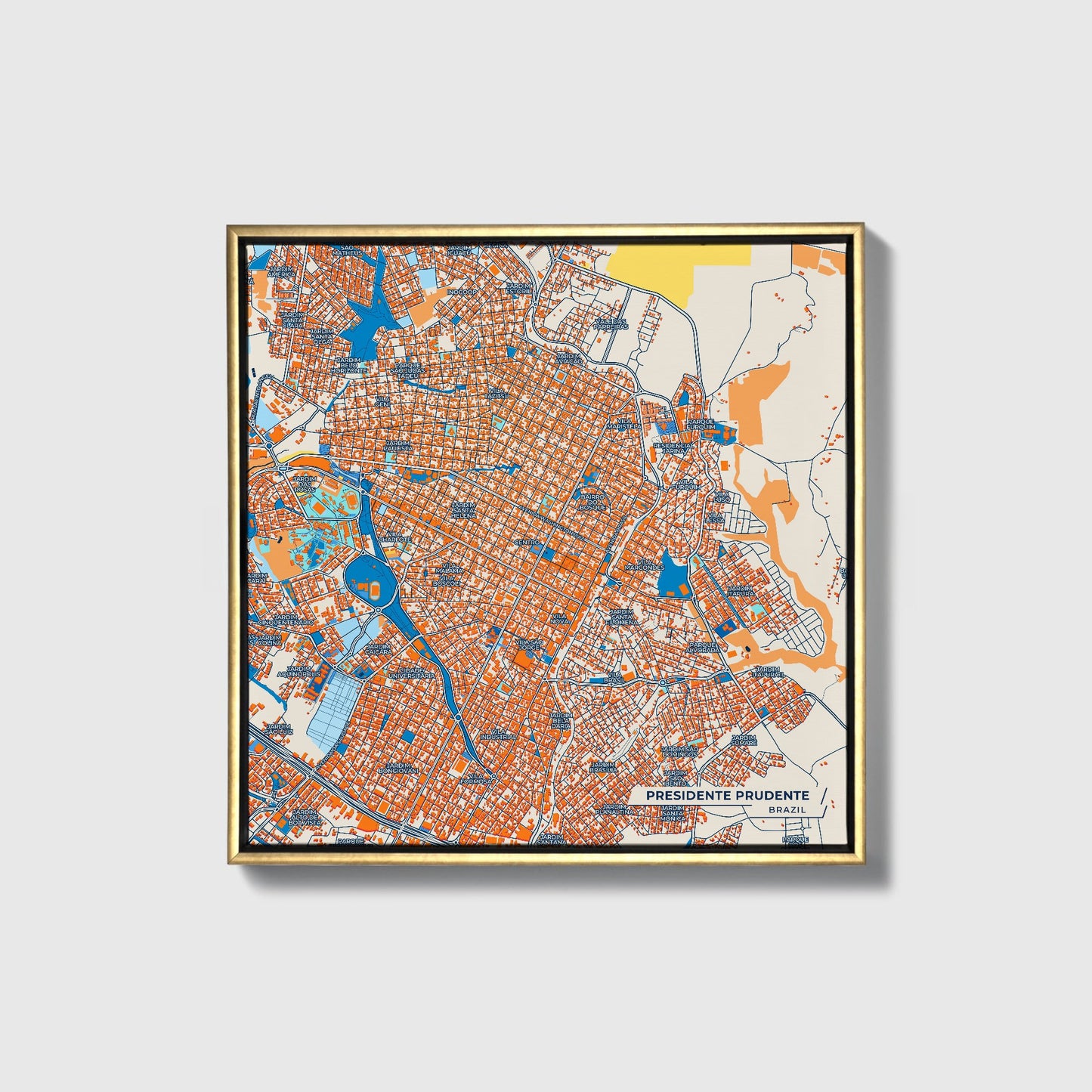 Presidente Prudente Brazil Colorful City Map Canvas Print • Gold Framed
