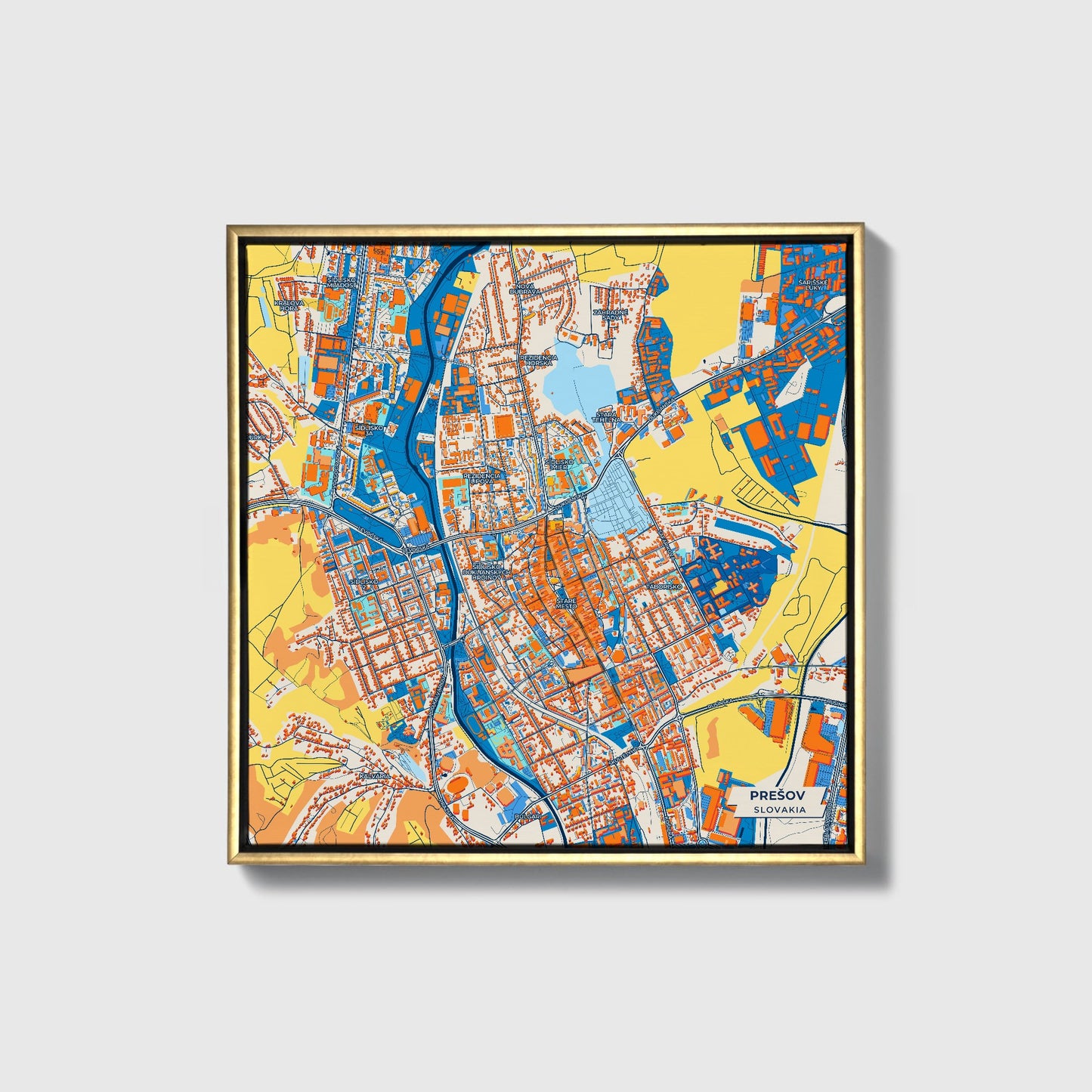 Prešov Slovakia Colorful City Map Canvas Print • Gold Framed