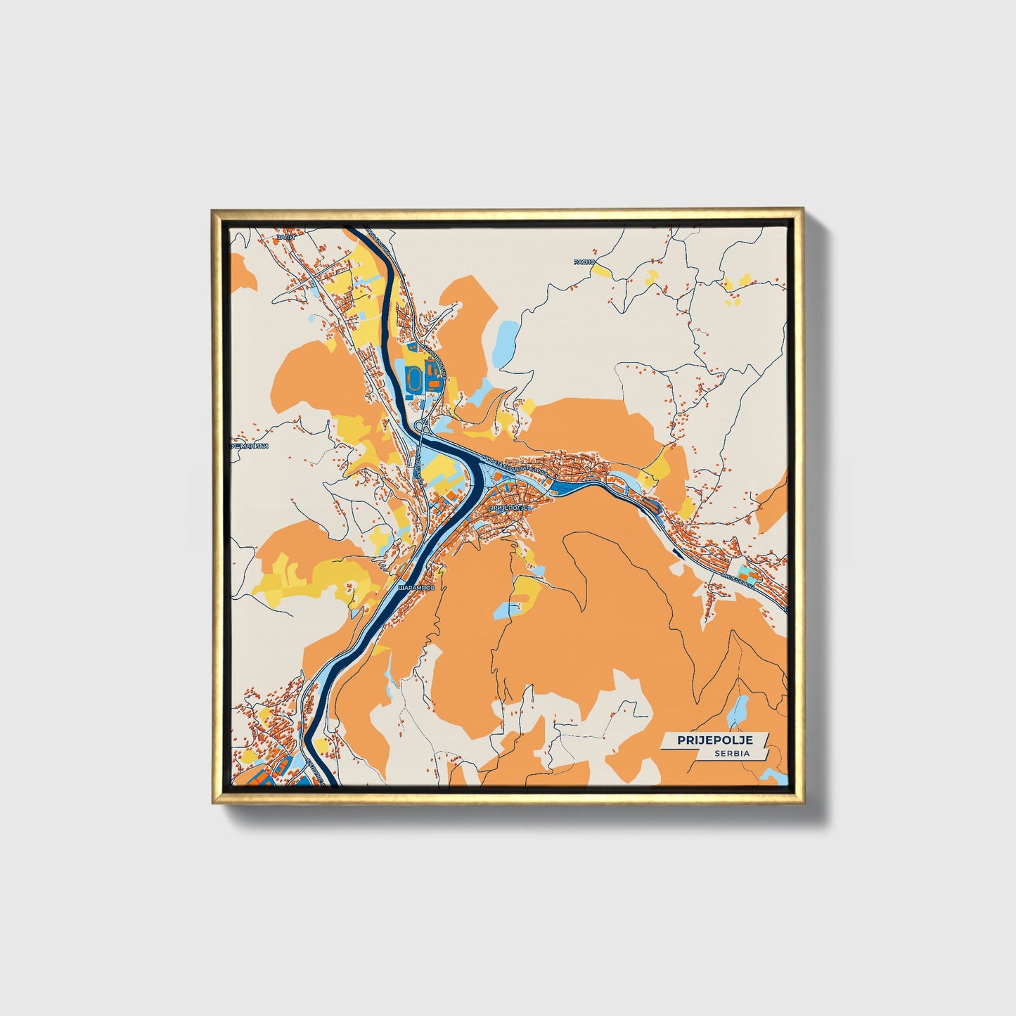 Пријепоље Serbia Colorful City Map Canvas Print • Gold Framed