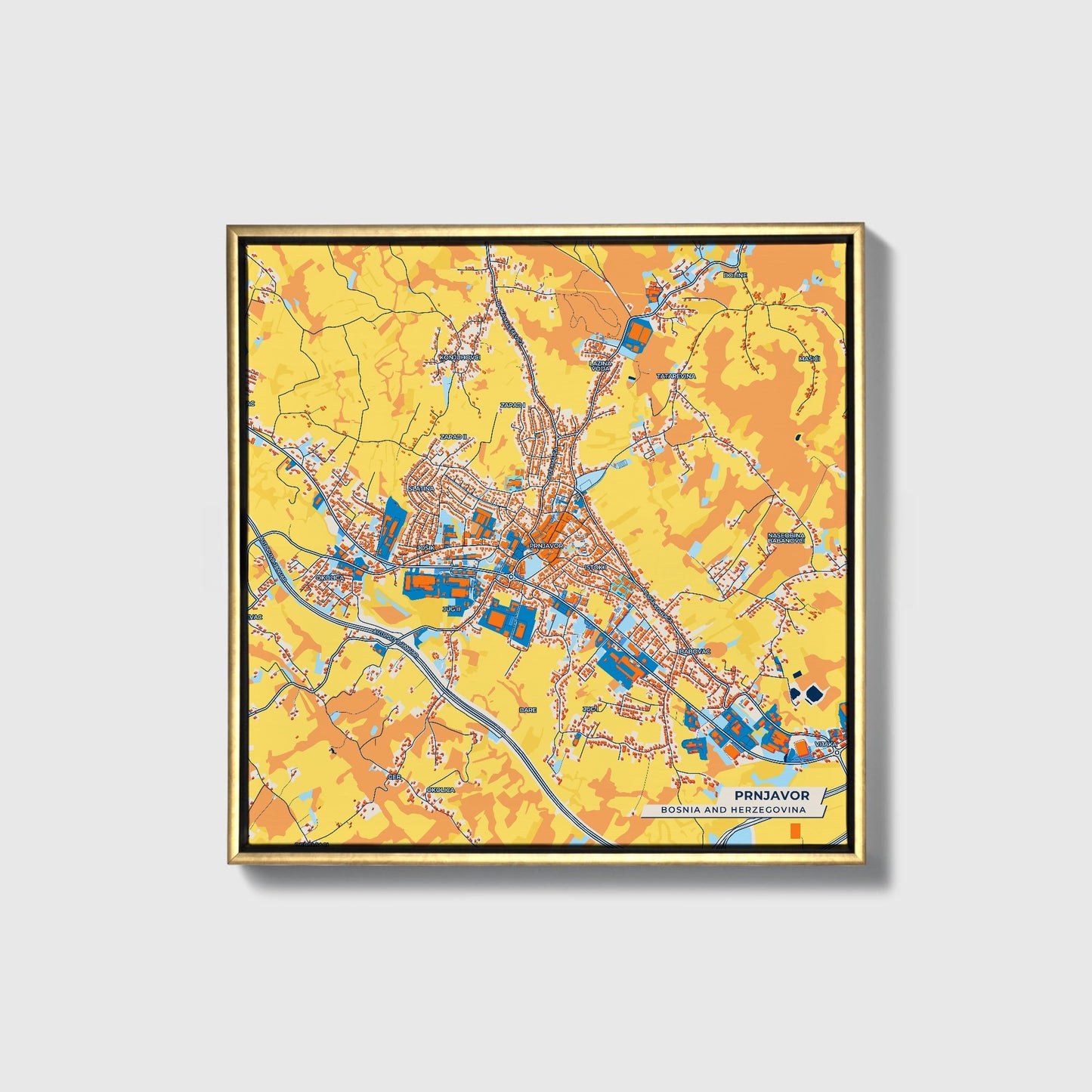 Prnjavor Bosnia And Herzegovina Colorful City Map Canvas Print • Gold Framed