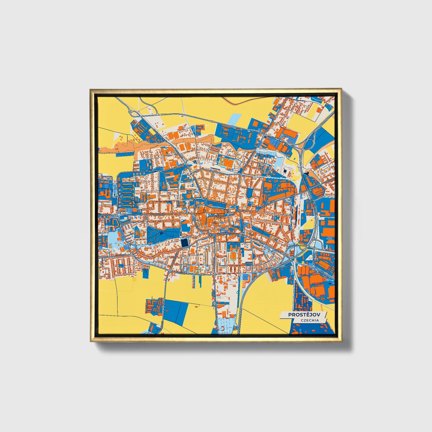 Prostějov Czechia Colorful City Map Canvas Print • Gold Framed